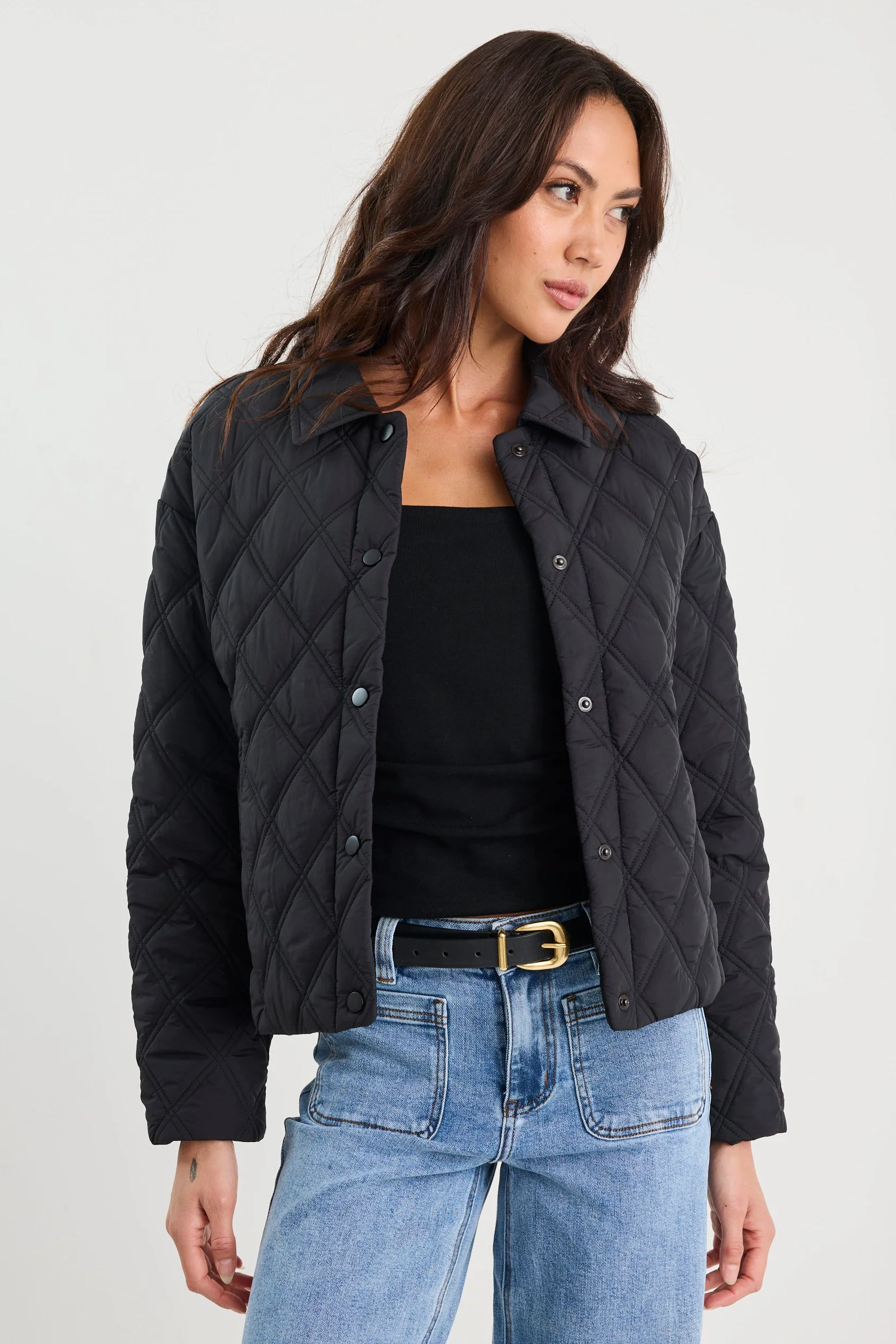 Absolute Black Collared Quilted Jacket - Image 2