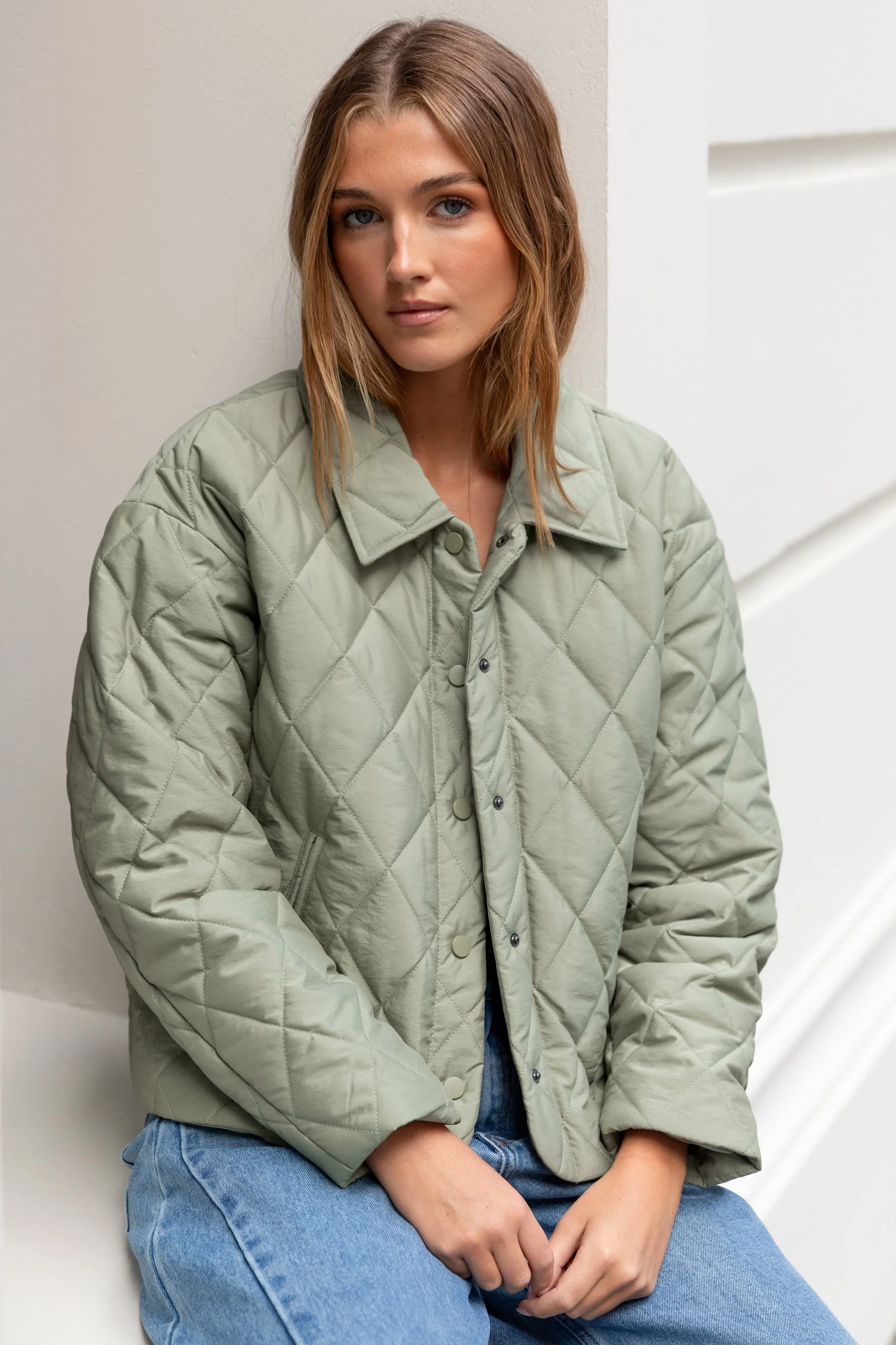 Absolute Soft Khaki Collared Quilted Jacket