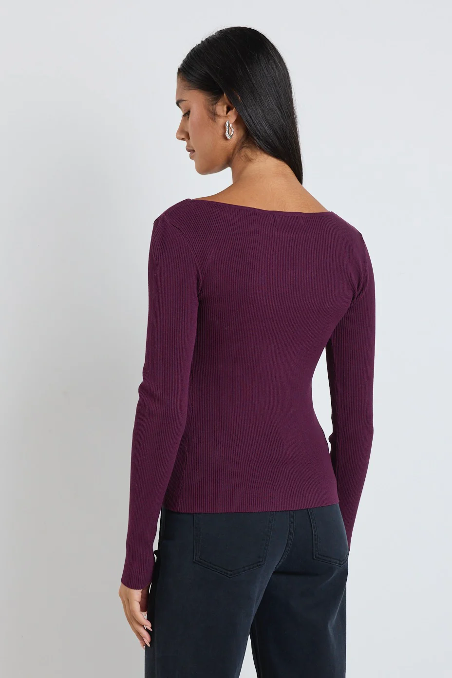 Action Burgundy Plum Boatneck Rib LS Knit Top - Image 4
