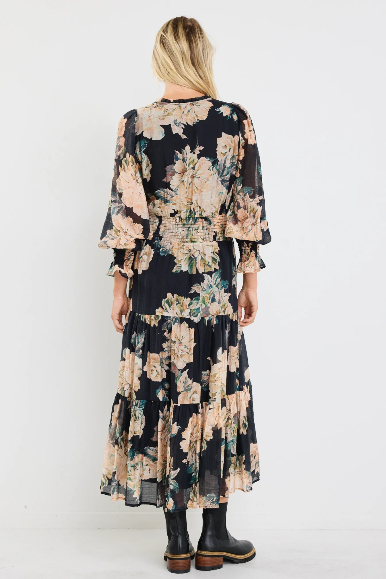 Addition Navy Peach Floral LS shirred Waist Tiered Maxi Dress - Image 6