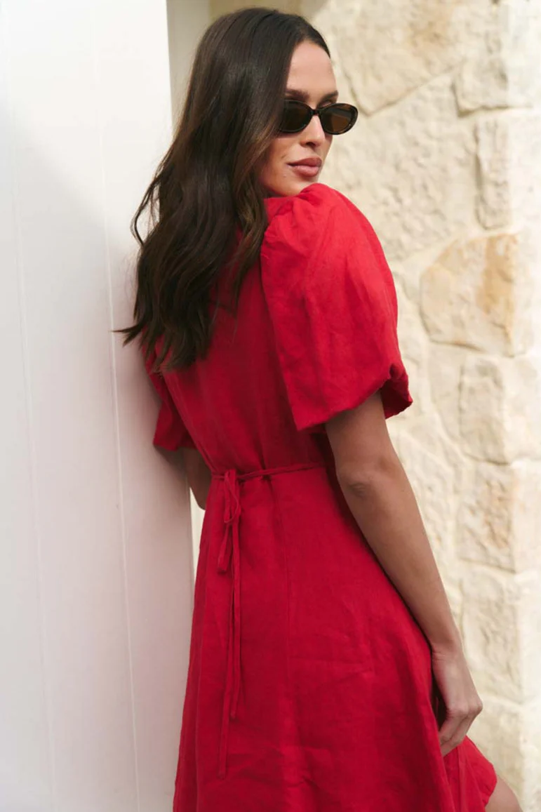Adelaide Cherry Linen Puff Sleeve Panelled Mini Dress - Image 3