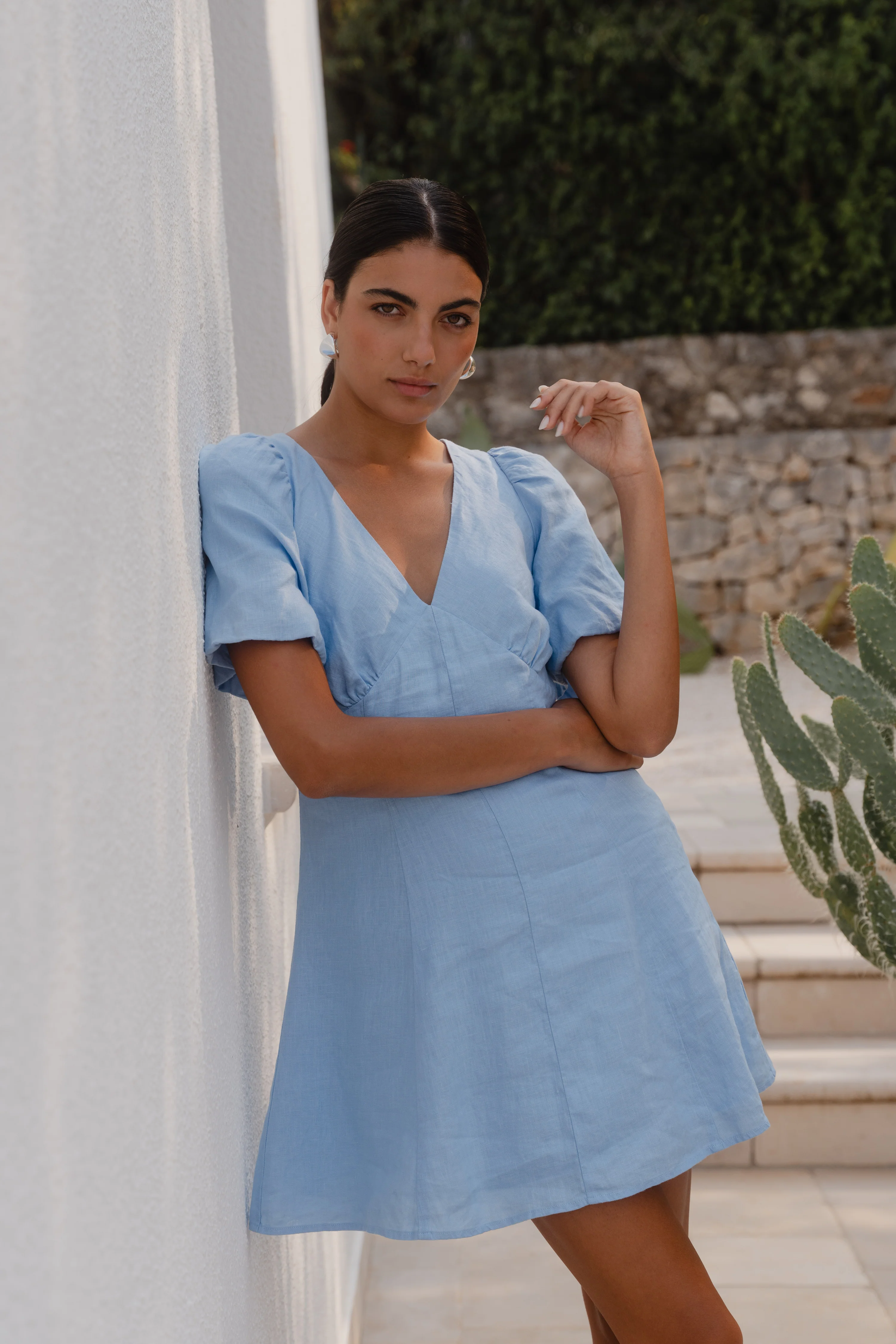 Adelaide Sky Blue Linen Puff Sleeve Panelled Mini Dress