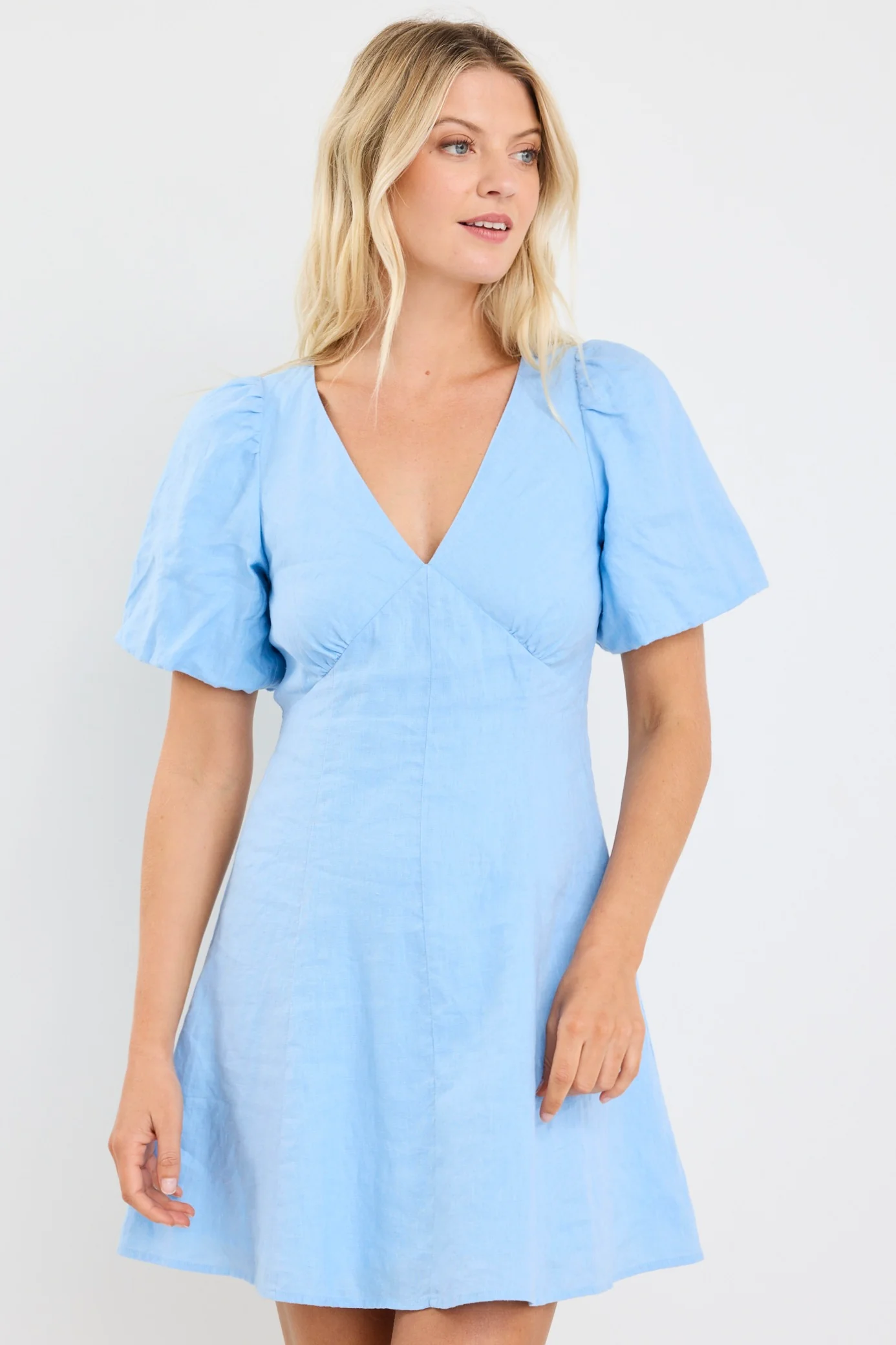 Adelaide Sky Blue Linen Puff Sleeve Panelled Mini Dress - Image 2