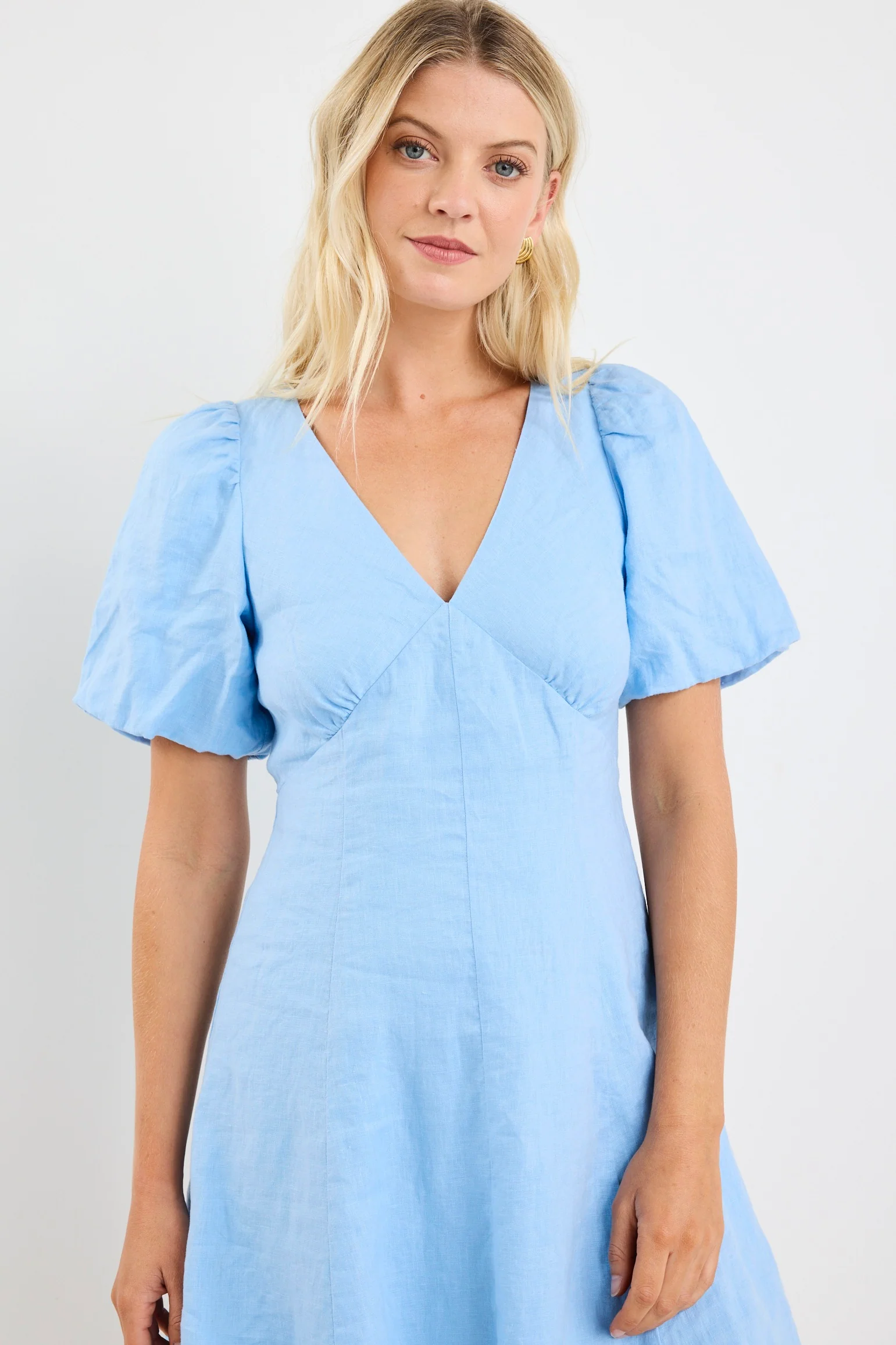 Adelaide Sky Blue Linen Puff Sleeve Panelled Mini Dress - Image 5