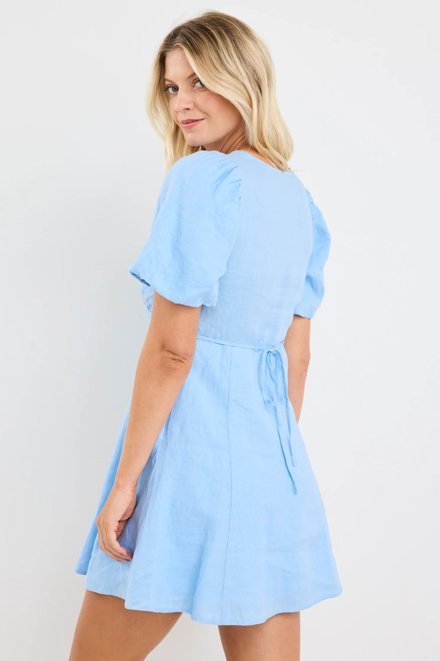 Adelaide Sky Blue Linen Puff Sleeve Panelled Mini Dress - Image 6