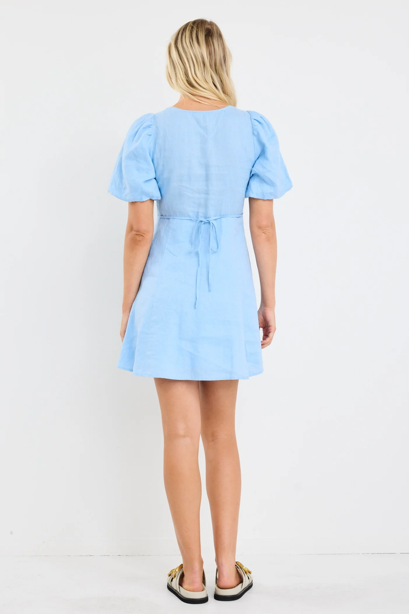 Adelaide Sky Blue Linen Puff Sleeve Panelled Mini Dress - Image 7