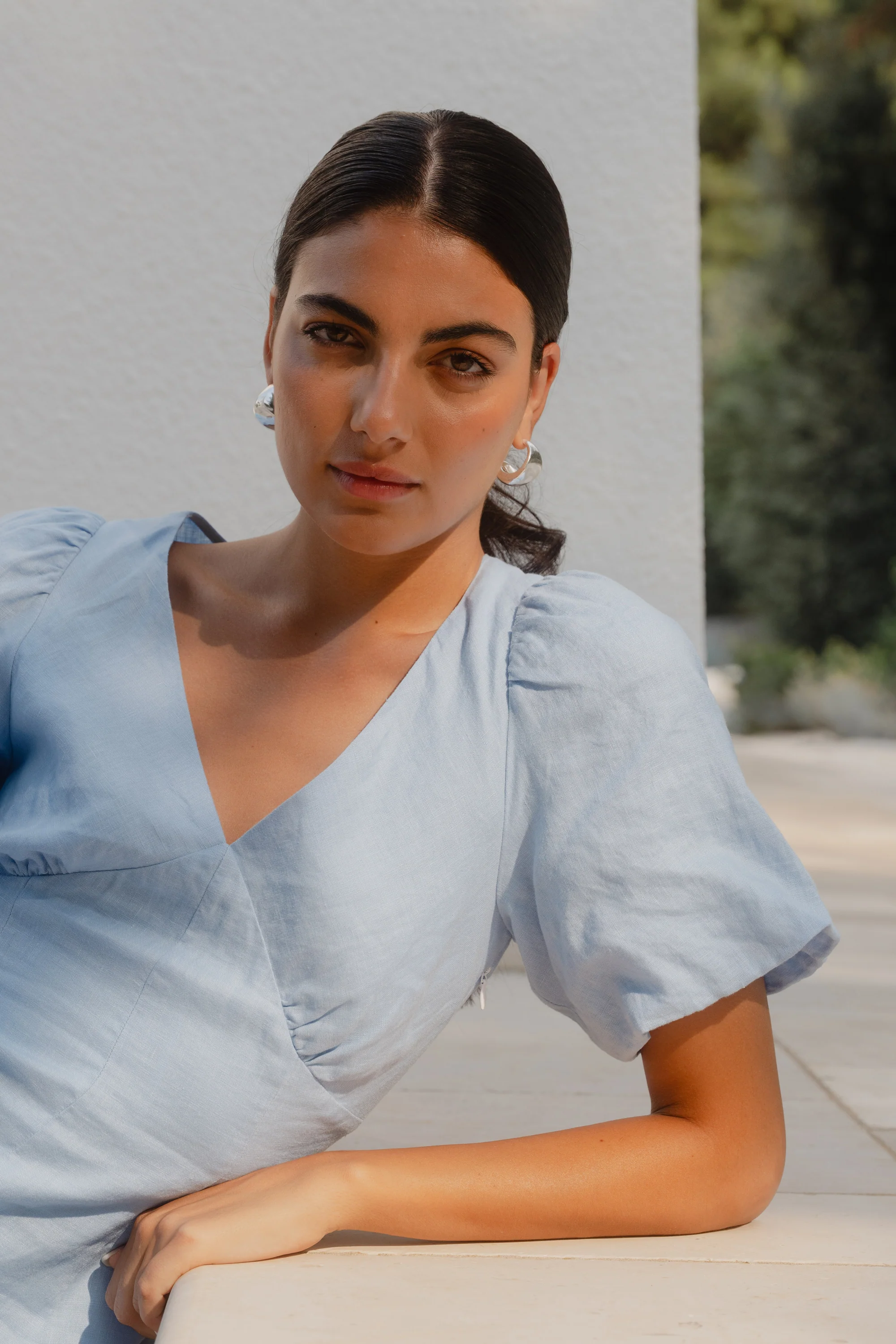 Adelaide Sky Blue Linen Puff Sleeve Panelled Mini Dress - Image 8