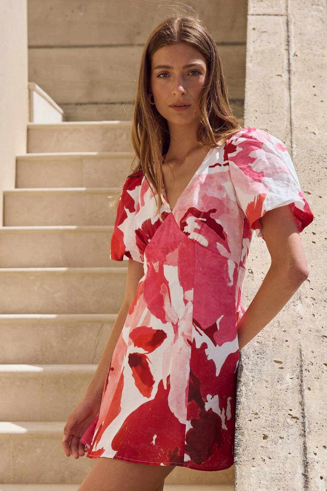Adelaide White Poppy Floral Puff Sleeve Panelled Mini Dress