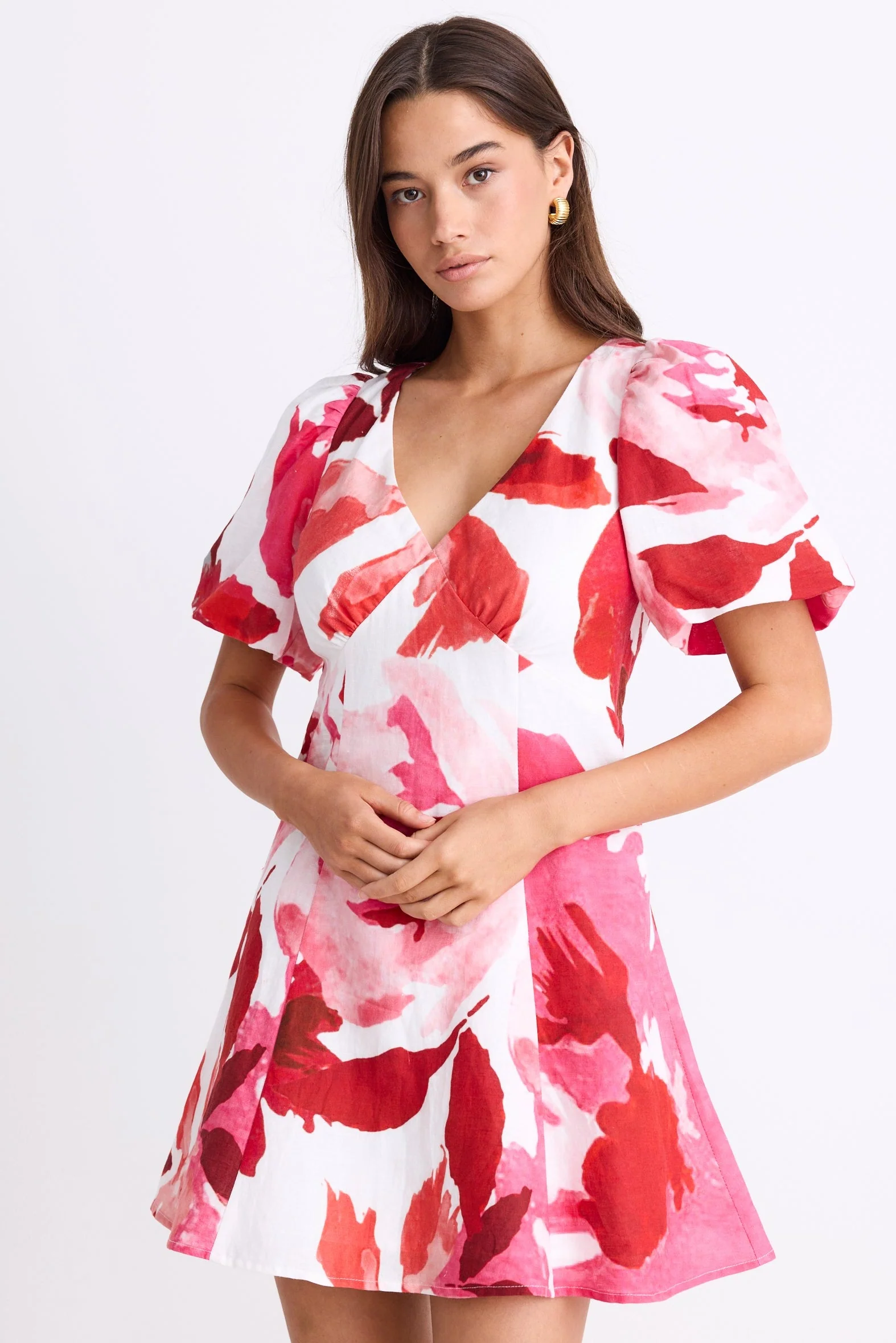 Adelaide White Poppy Floral Puff Sleeve Panelled Mini Dress - Image 2