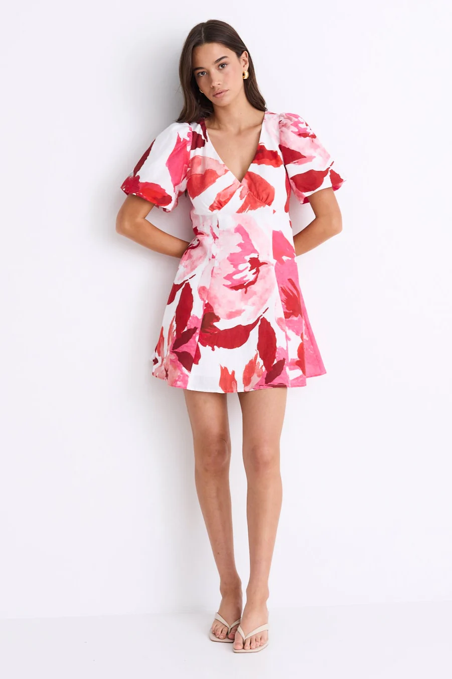 Adelaide White Poppy Floral Puff Sleeve Panelled Mini Dress - Image 5