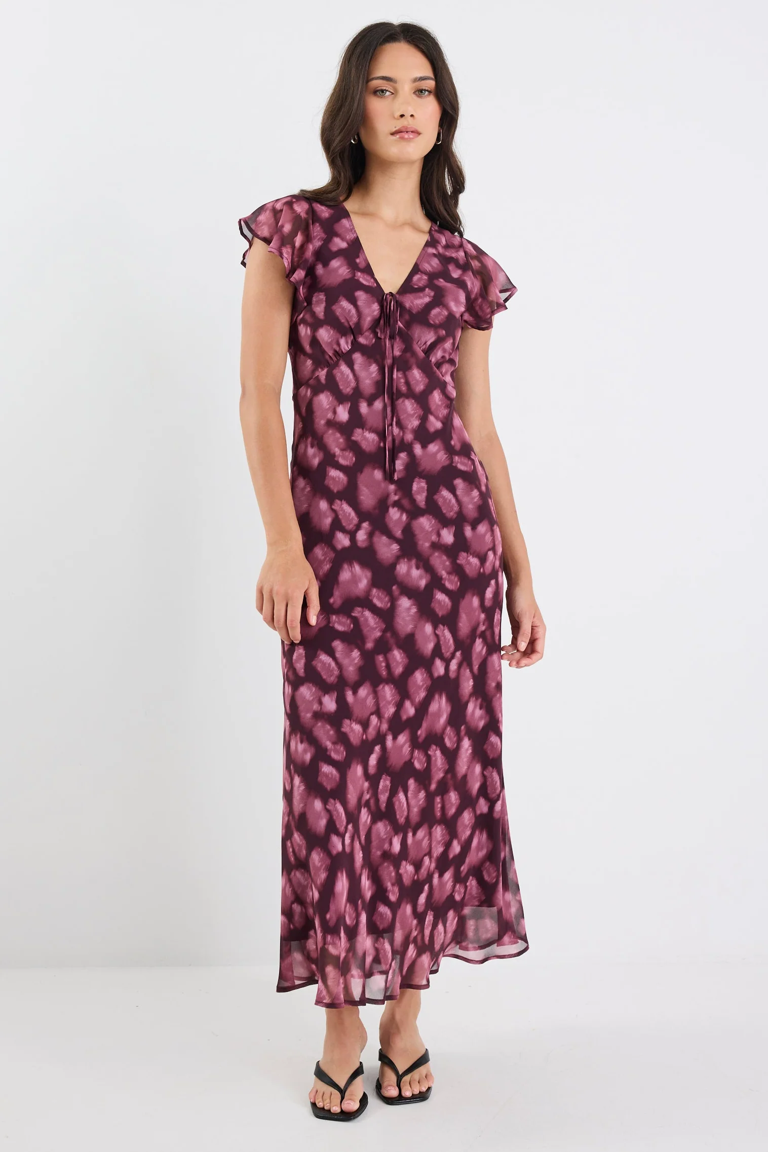 Admiration Burgundy Smudge Print Georgette Flutter Sleeve Maxi Dress