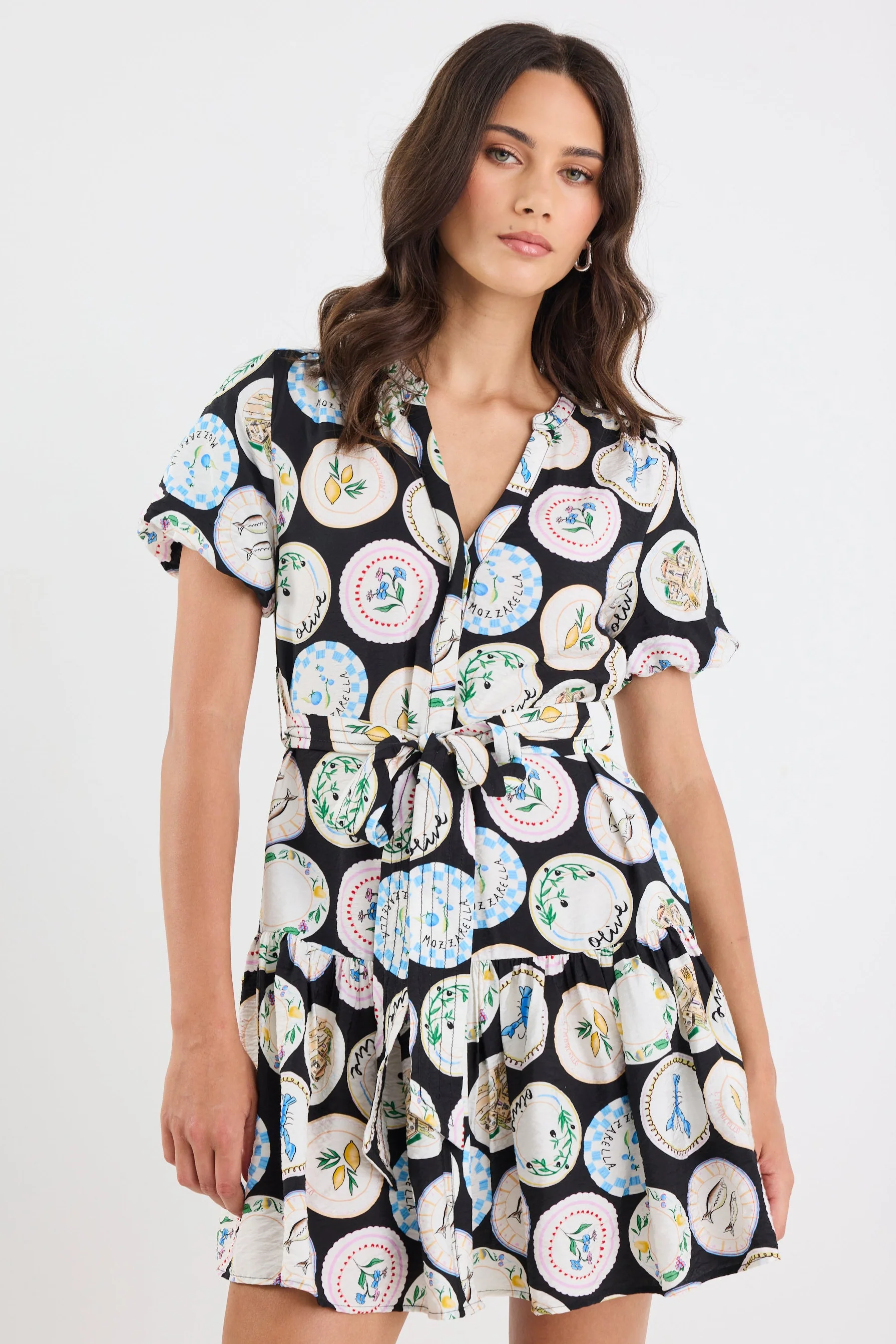 Adored Black Holiday Print Short Sleeve Button Front Mini Dress - Image 2