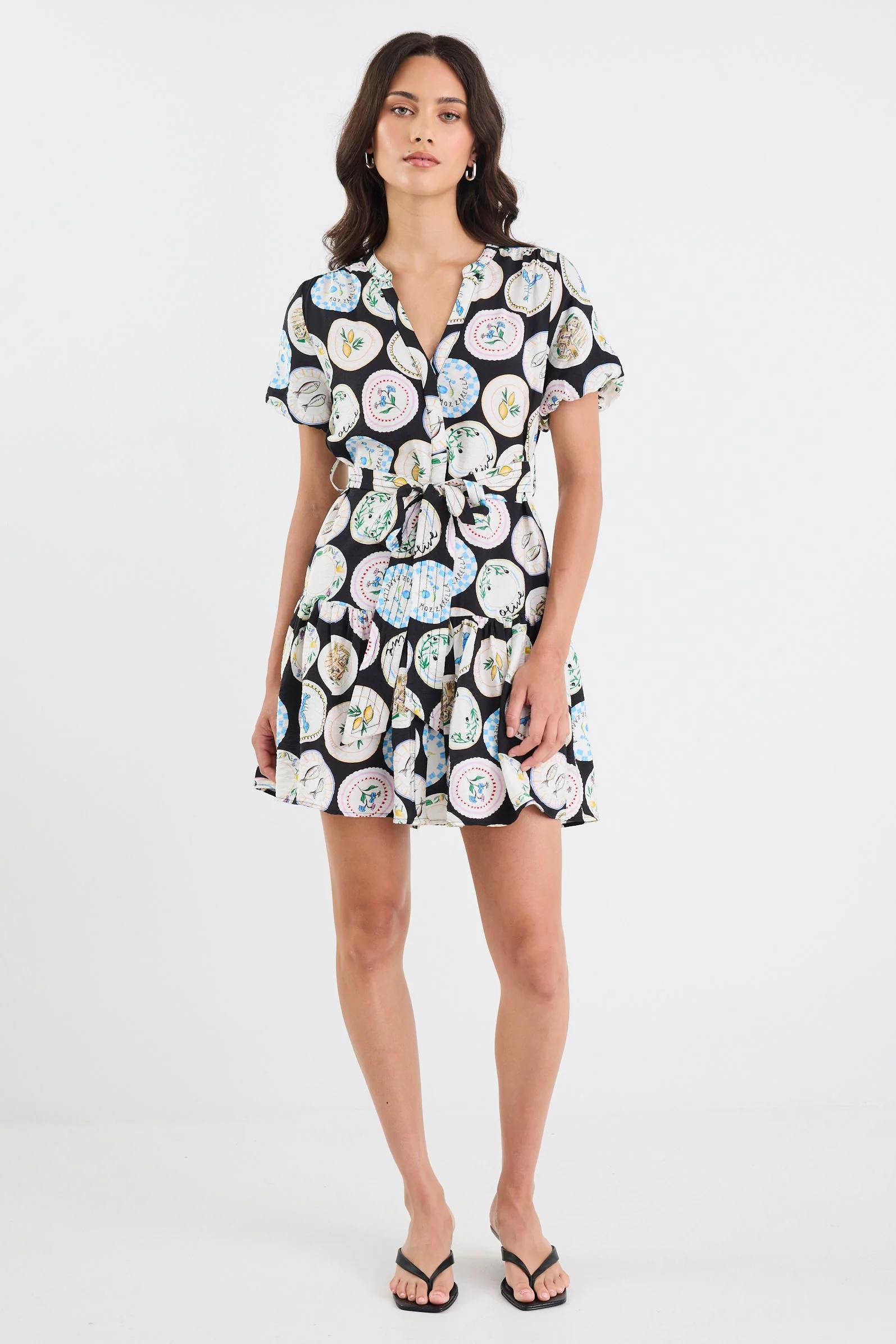 Adored Black Holiday Print Short Sleeve Button Front Mini Dress - Image 3