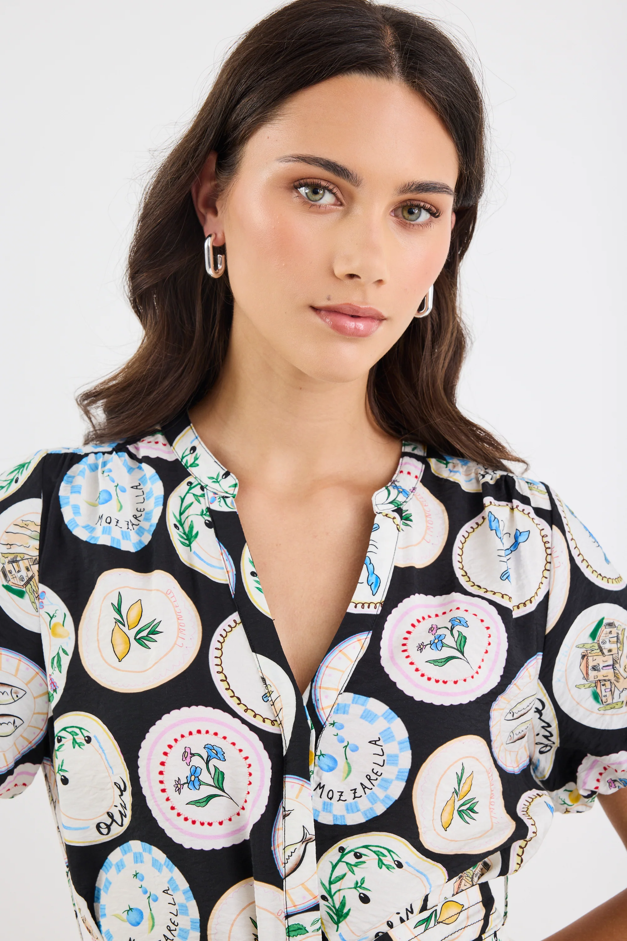 Adored Black Holiday Print Short Sleeve Button Front Mini Dress - Image 4