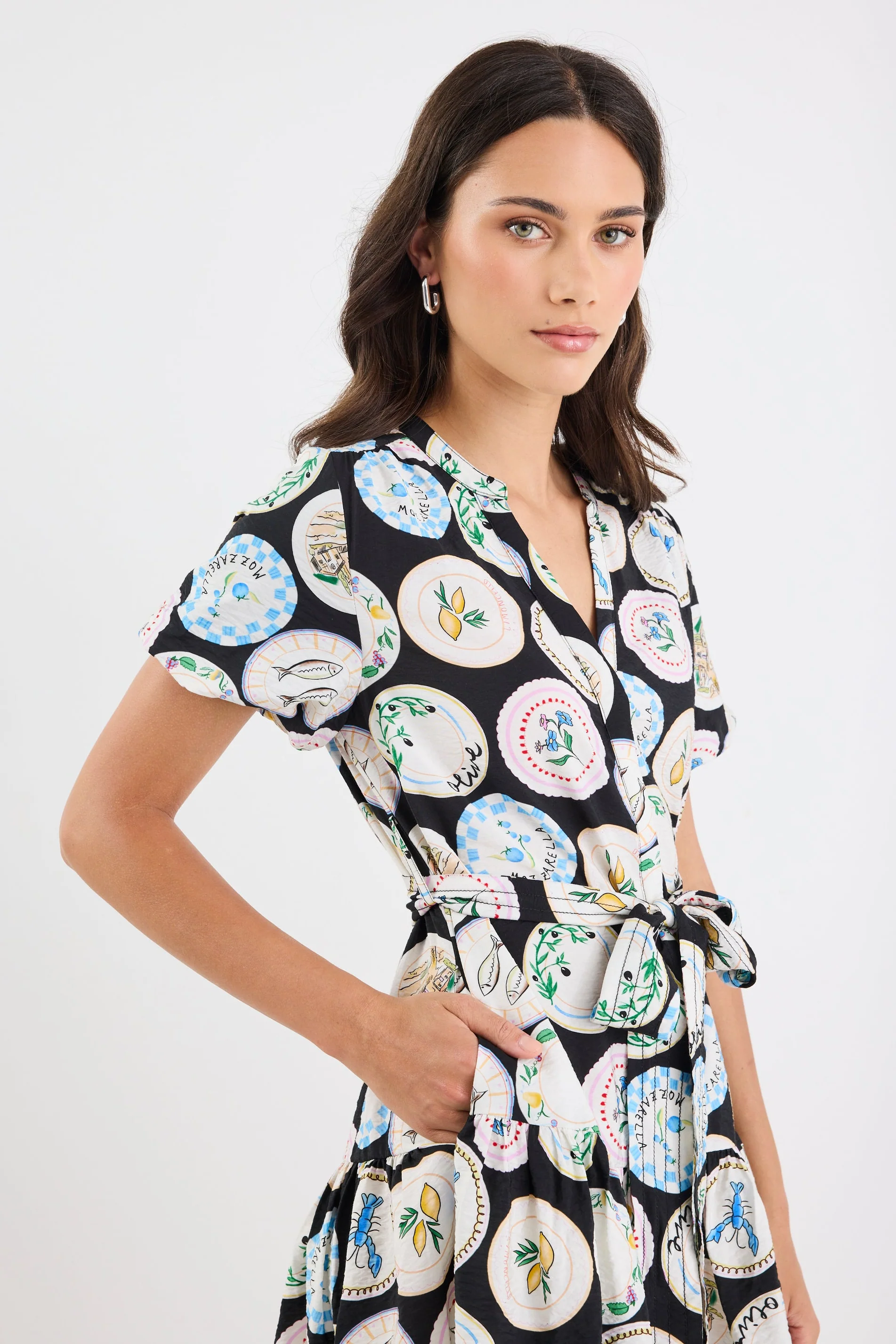 Adored Black Holiday Print Short Sleeve Button Front Mini Dress - Image 5