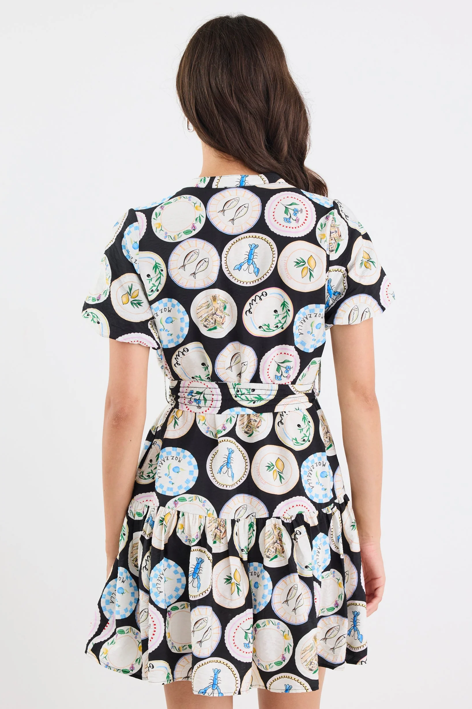 Adored Black Holiday Print Short Sleeve Button Front Mini Dress - Image 6