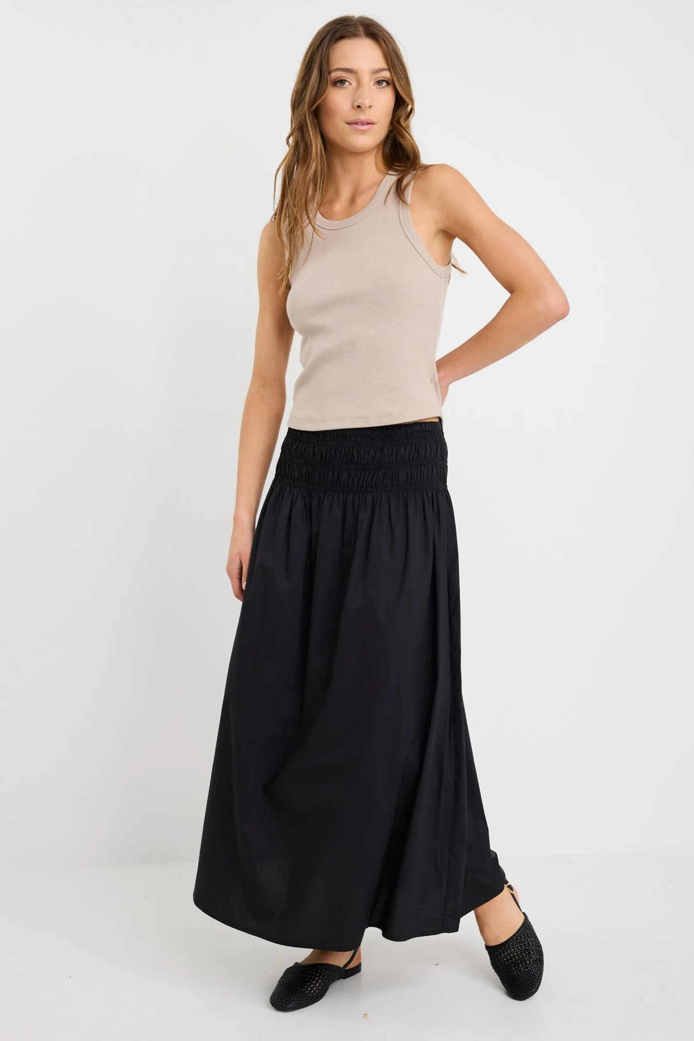Adventure Black Cotton Shirred Waist Maxi Skirt - Image 4