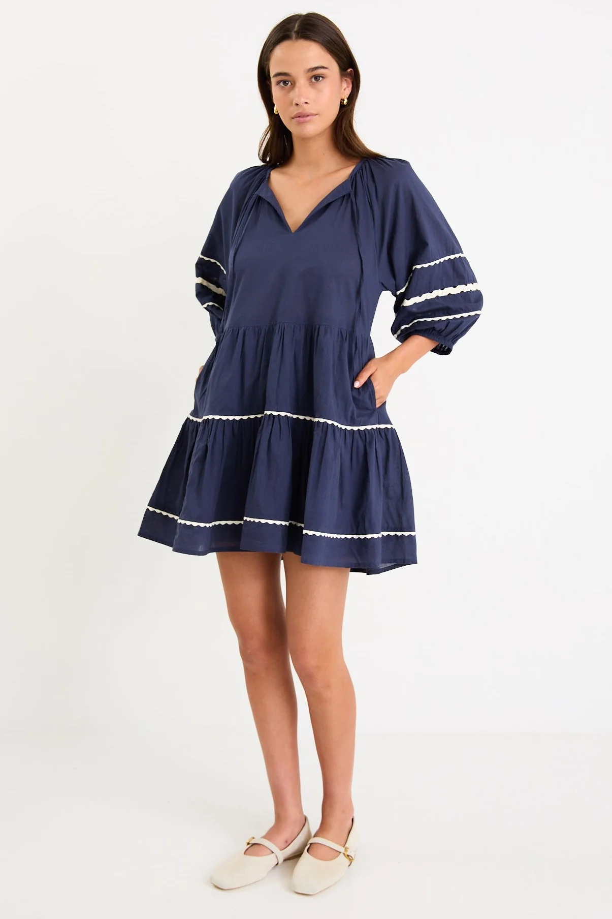 Again Navy SS Tiered Smock Dress