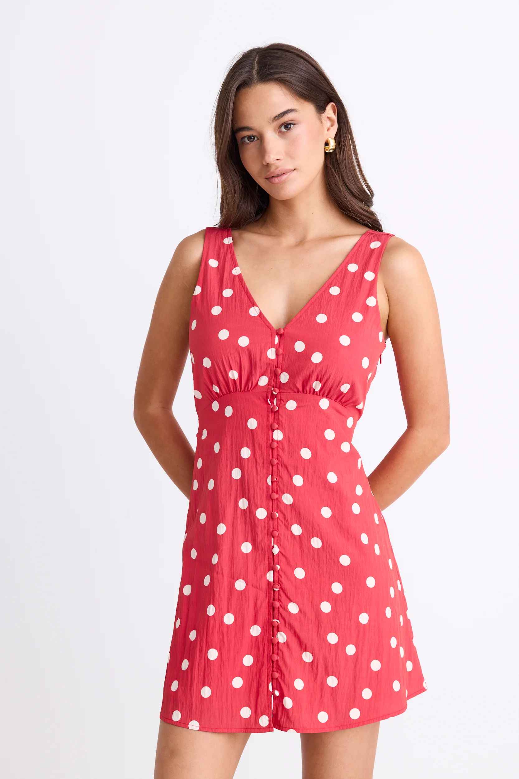 Allora Poppy Polka Dot Sleeveless Button Front Mini Dress