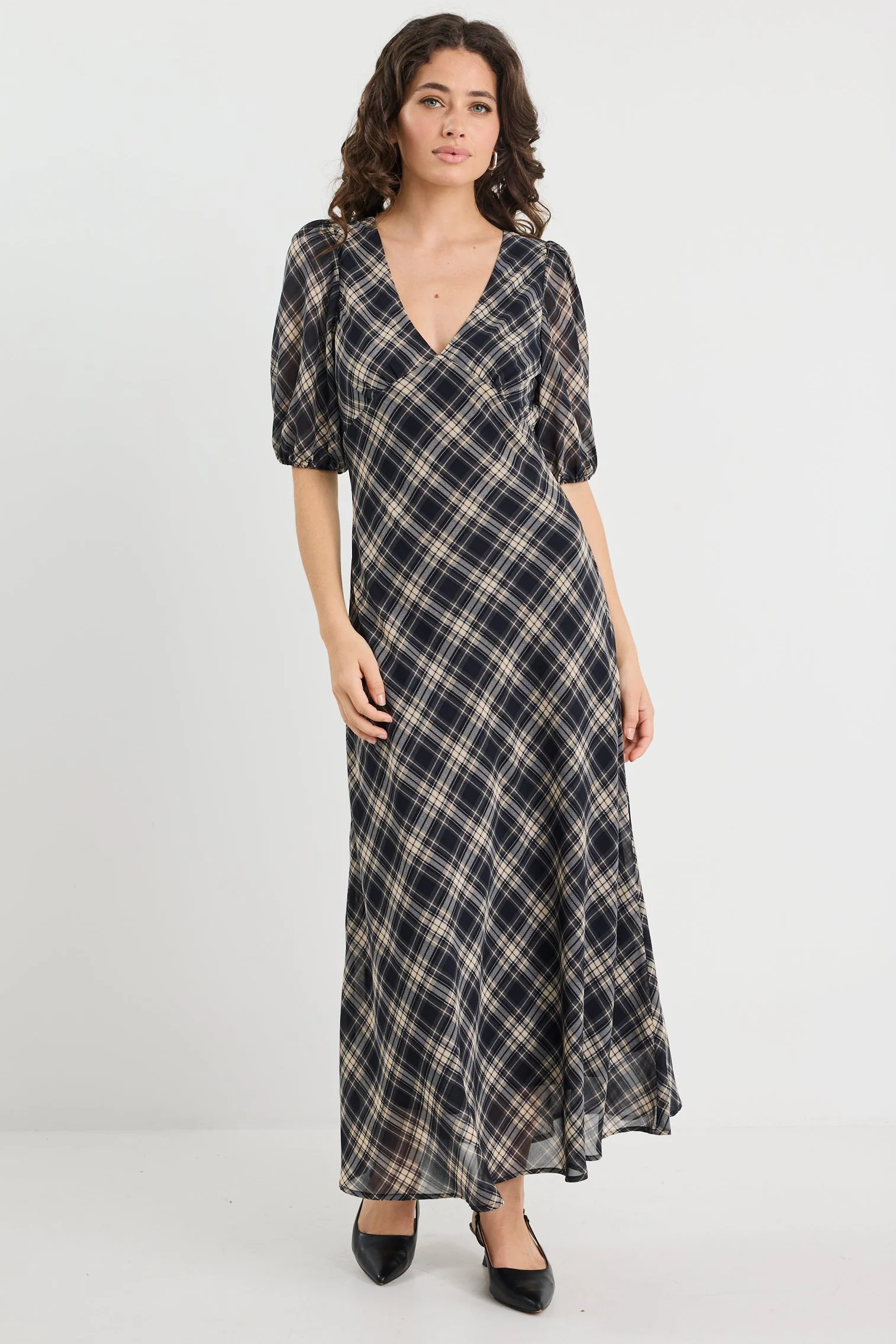 Amora Black Check Chiffon SS Bias Midi Dress - Image 2