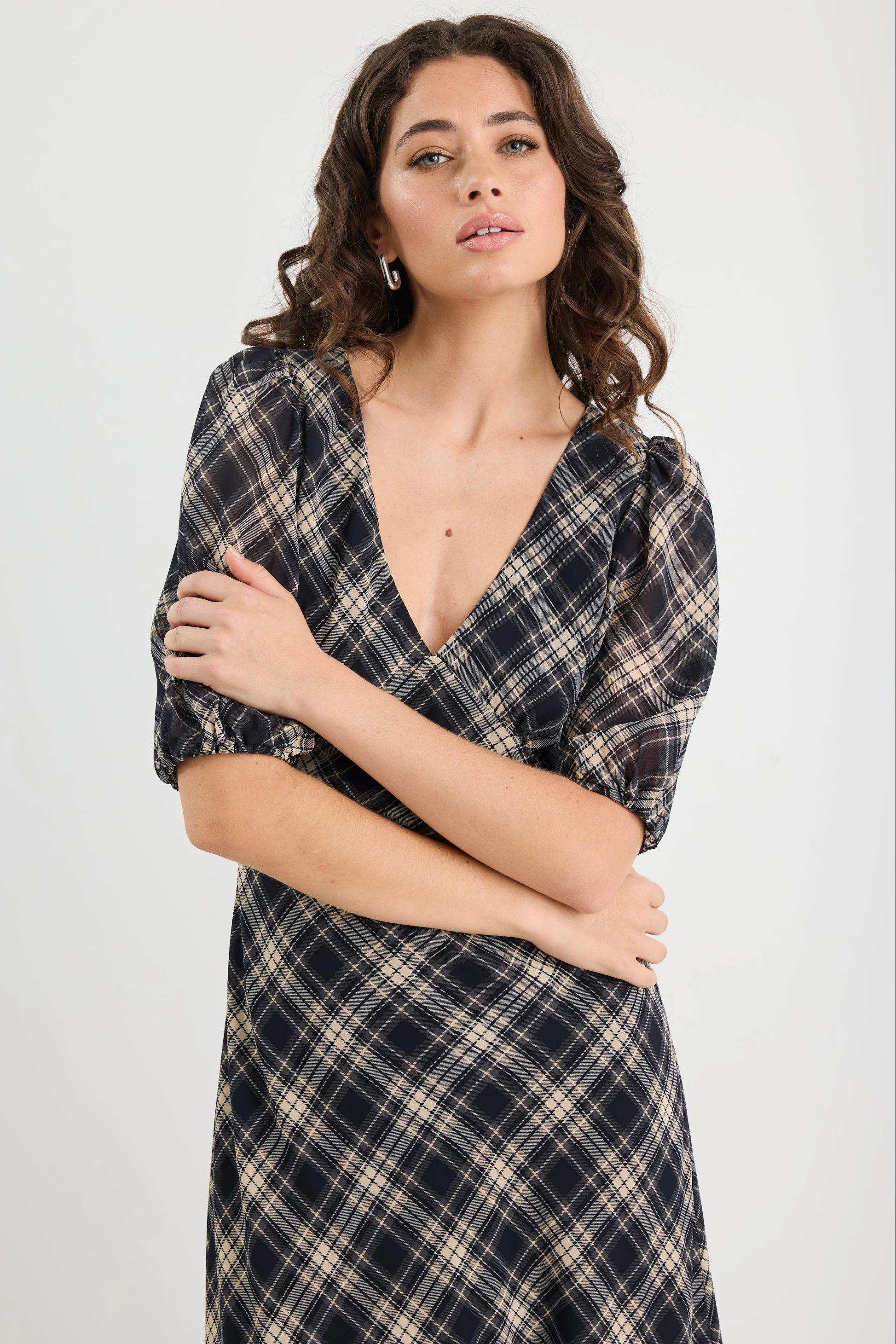Amora Black Check Chiffon SS Bias Midi Dress - Image 3