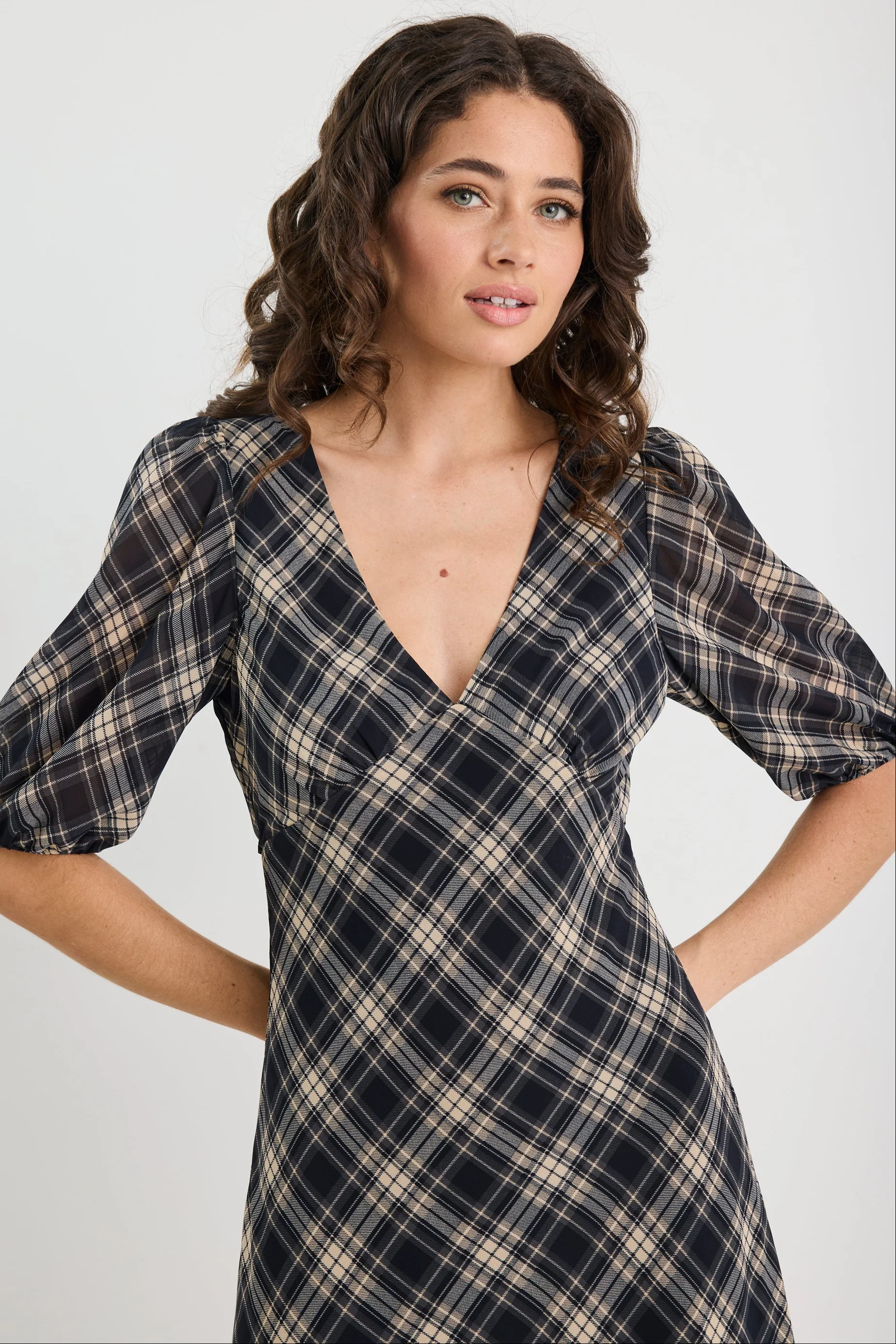 Amora Black Check Chiffon SS Bias Midi Dress - Image 4