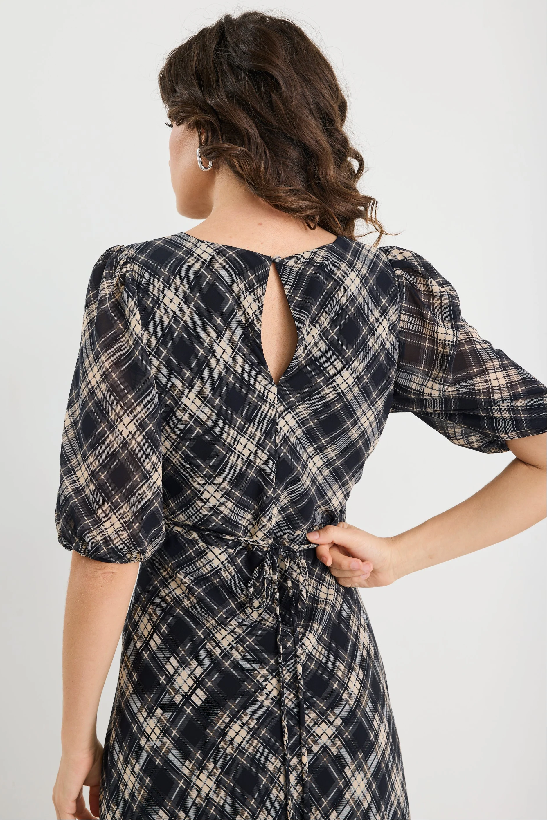Amora Black Check Chiffon SS Bias Midi Dress - Image 5