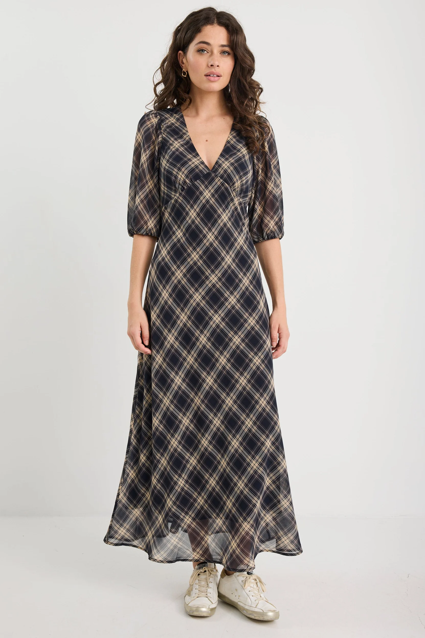 Amora Black Check Chiffon SS Bias Midi Dress - Image 6