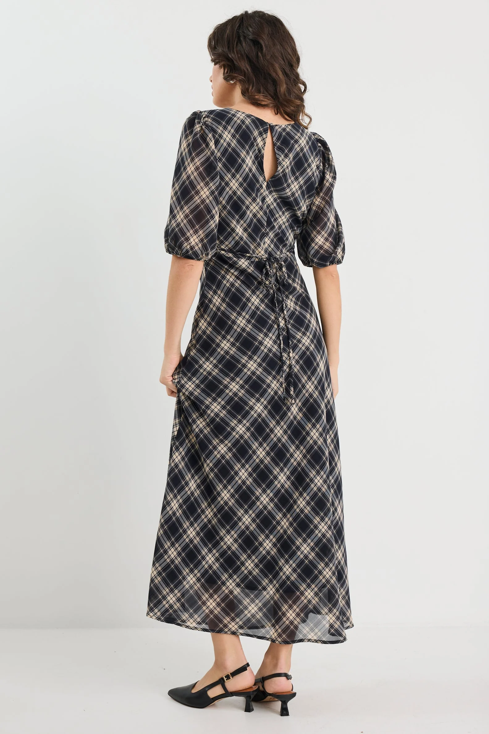Amora Black Check Chiffon SS Bias Midi Dress - Image 7