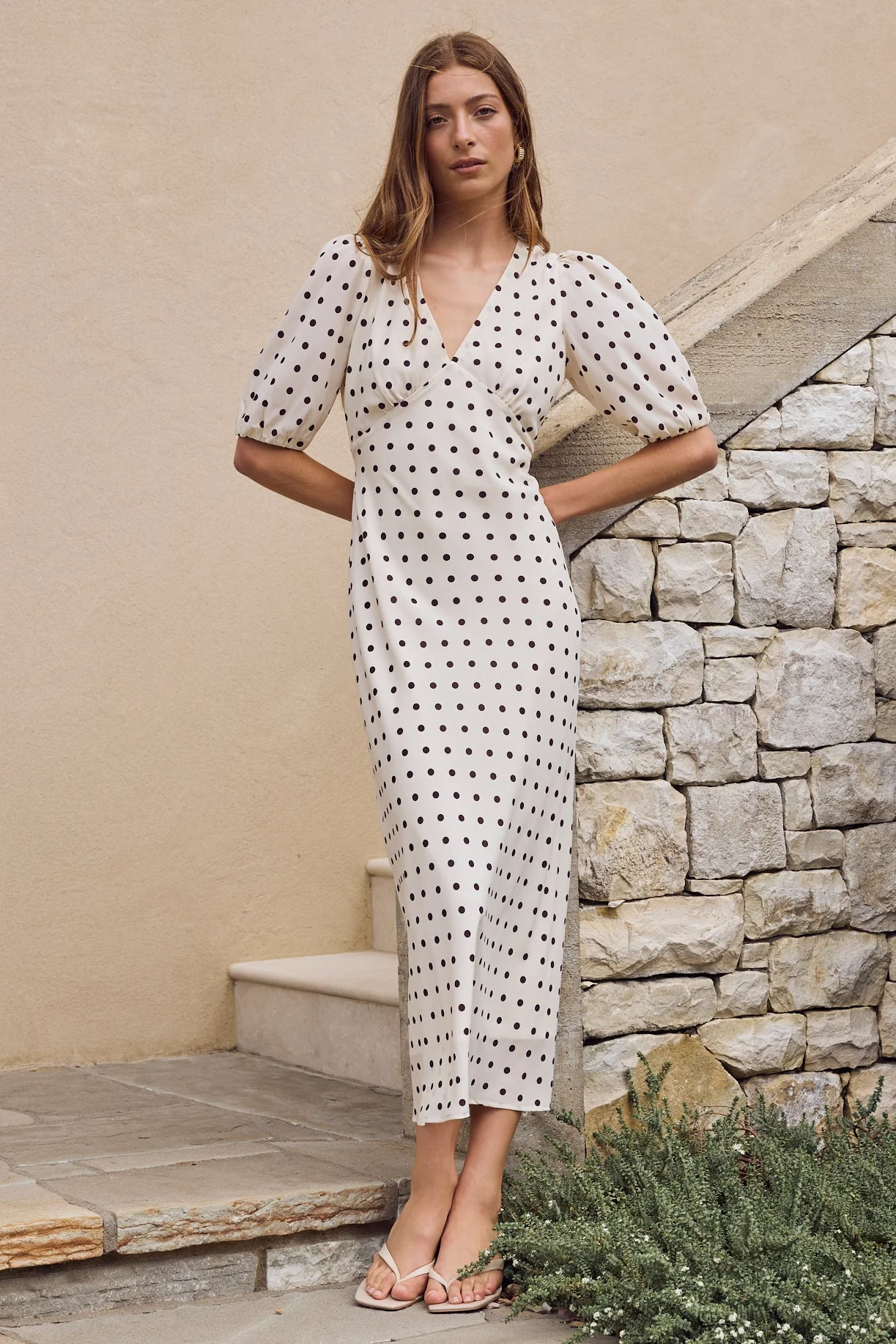Amora Cream Chocolate Polka Dot SS Bias Midi Dress