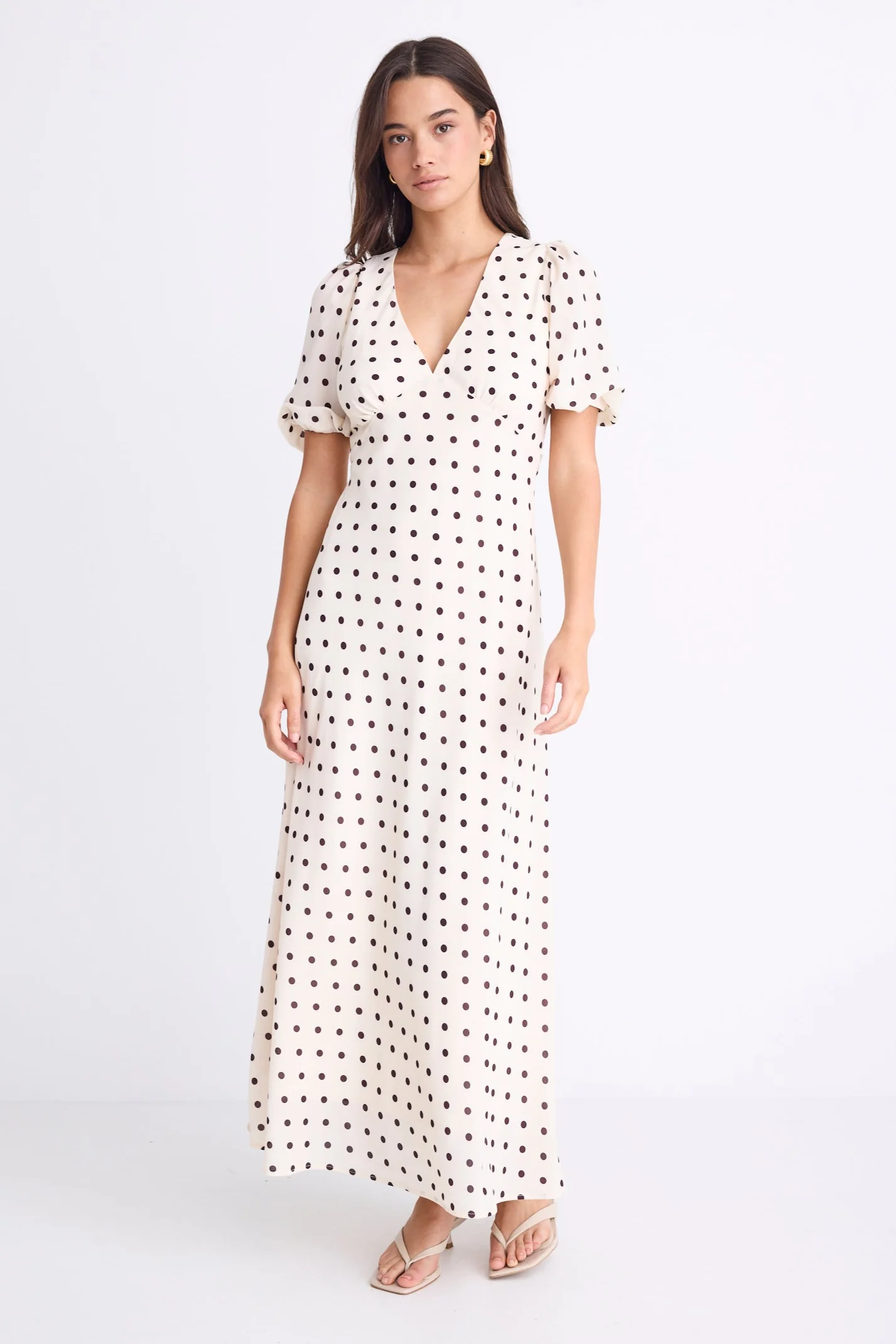 Amora Cream Chocolate Polka Dot SS Bias Midi Dress - Image 2