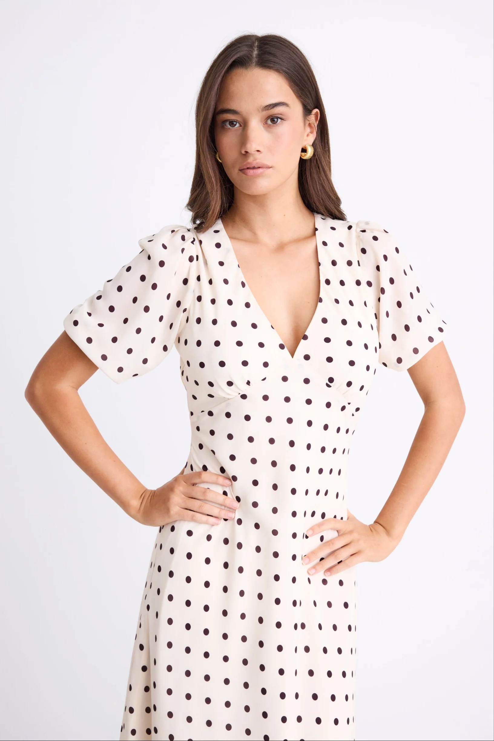 Amora Cream Chocolate Polka Dot SS Bias Midi Dress - Image 4