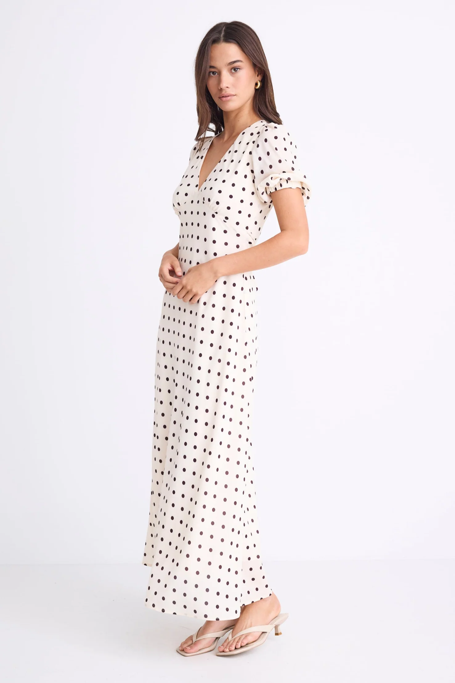 Amora Cream Chocolate Polka Dot SS Bias Midi Dress - Image 5