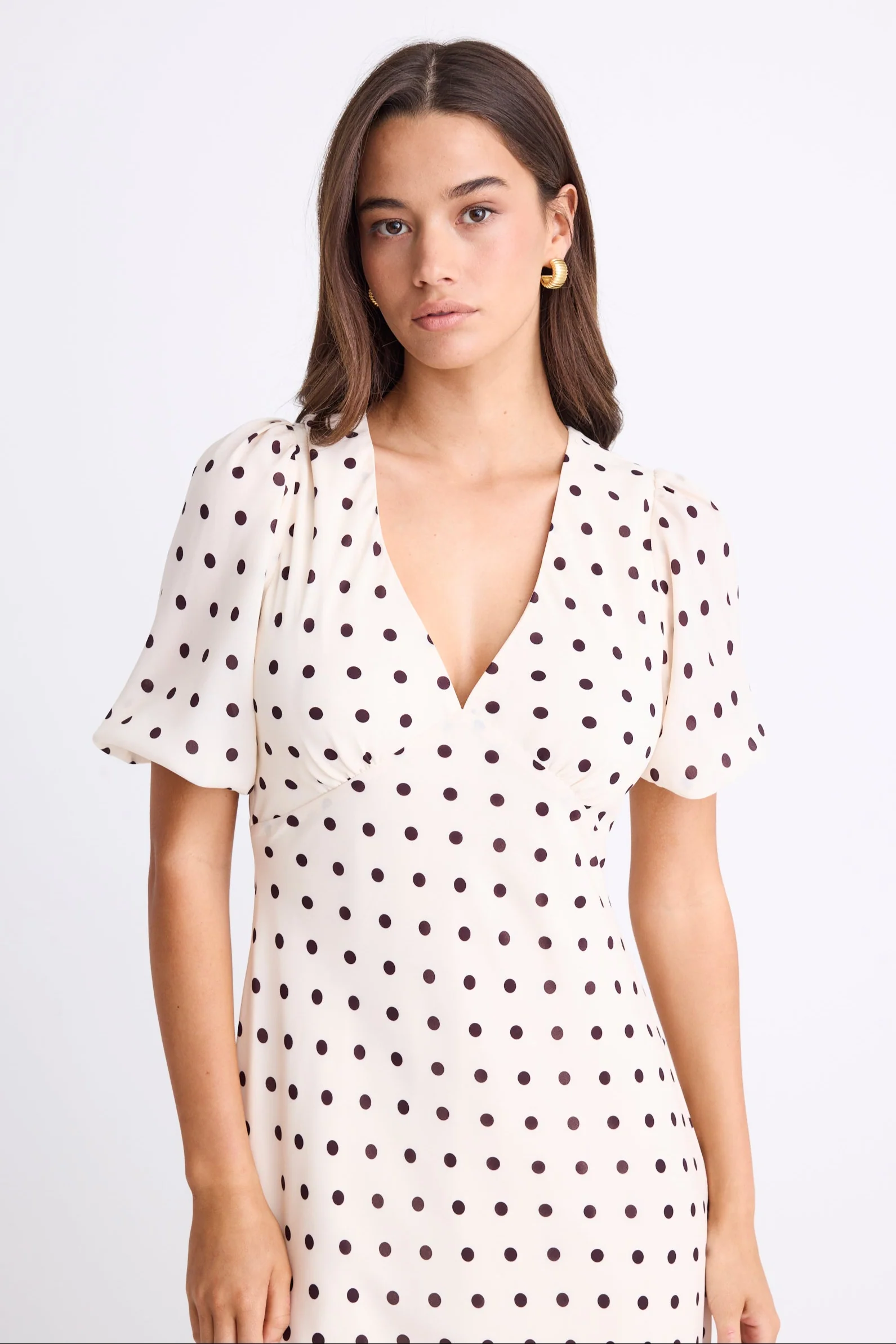 Amora Cream Chocolate Polka Dot SS Bias Midi Dress - Image 6