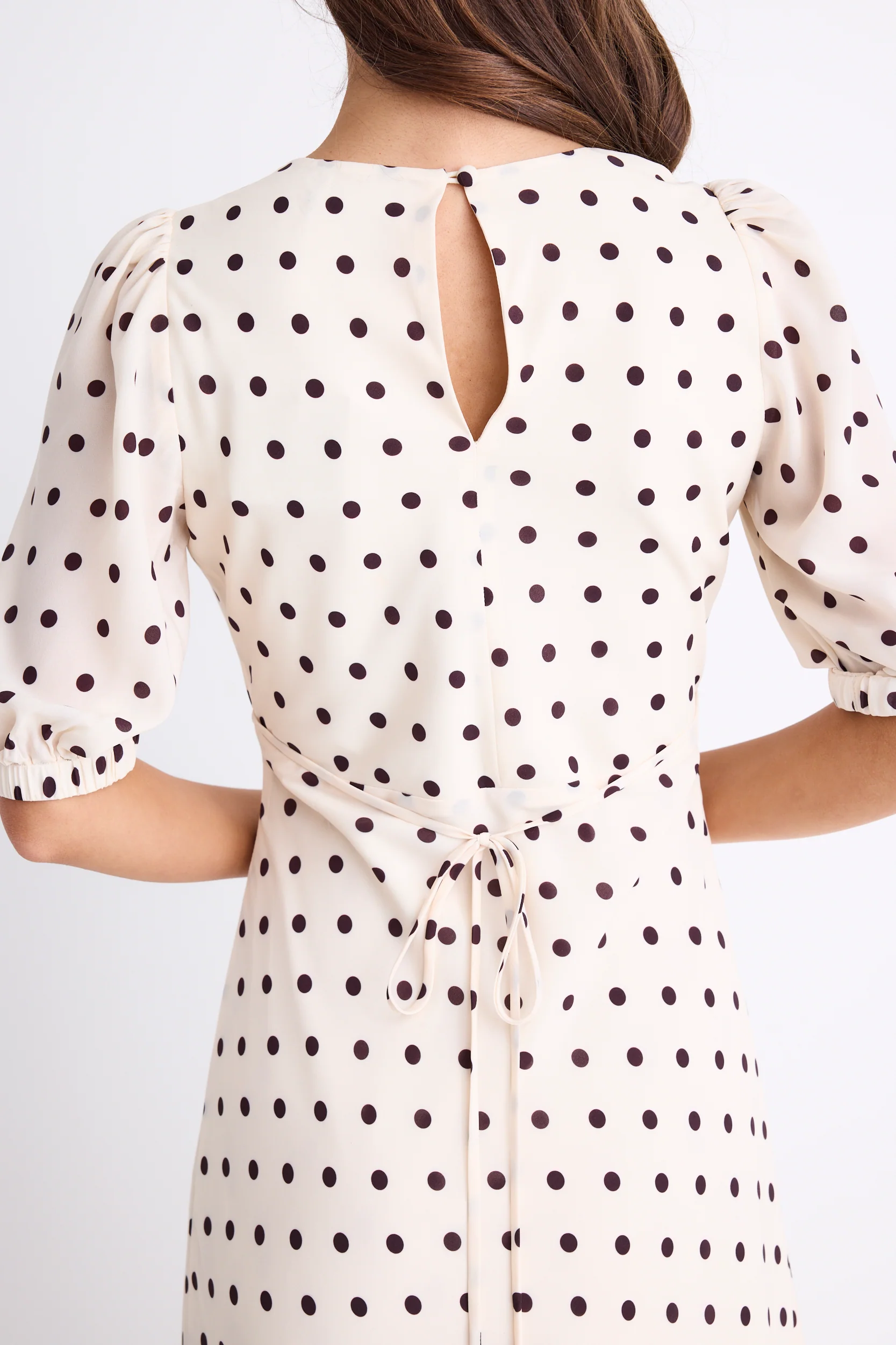 Amora Cream Chocolate Polka Dot SS Bias Midi Dress - Image 7