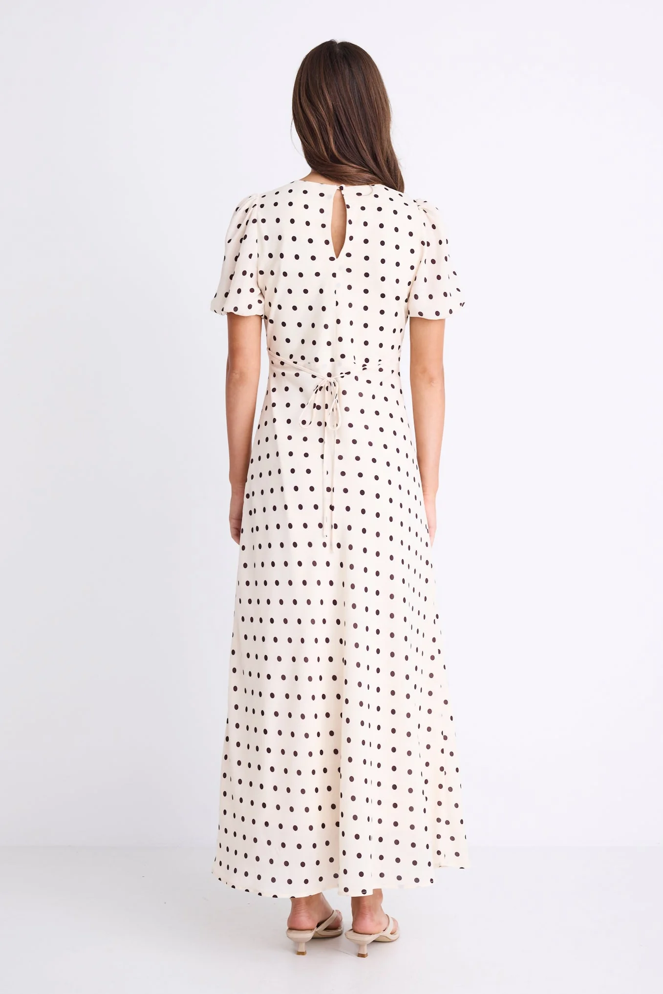 Amora Cream Chocolate Polka Dot SS Bias Midi Dress - Image 8