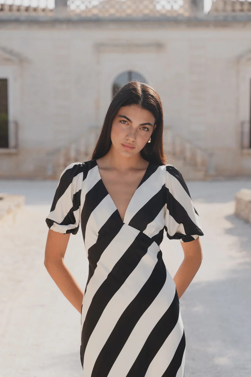 Amora Black White Stripe SS Bias Midi Dress - Image 3