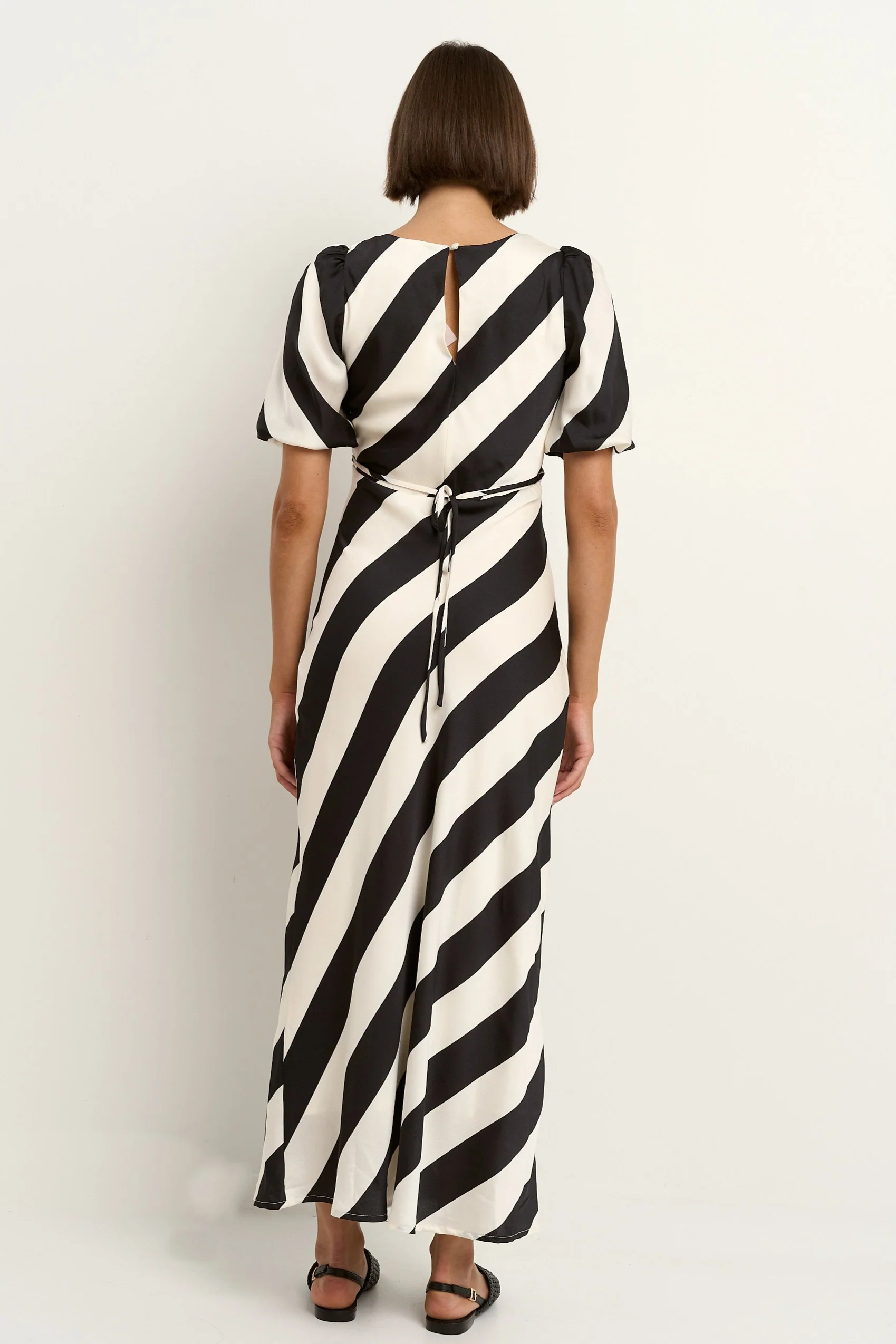 Amora Black White Stripe SS Bias Midi Dress - Image 6