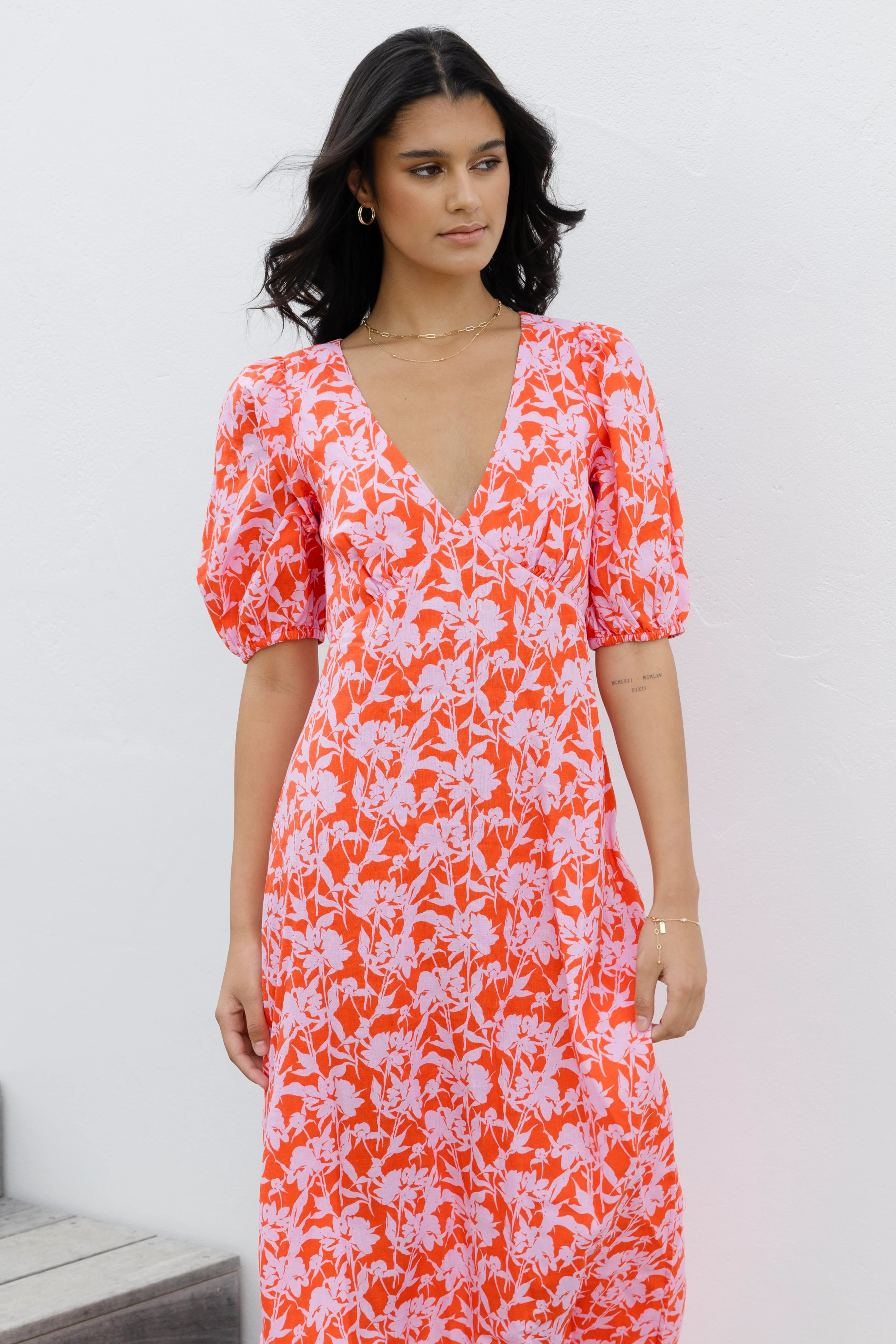 Amora Pink Floral Shadows SS Bias Midi Dress - Image 3