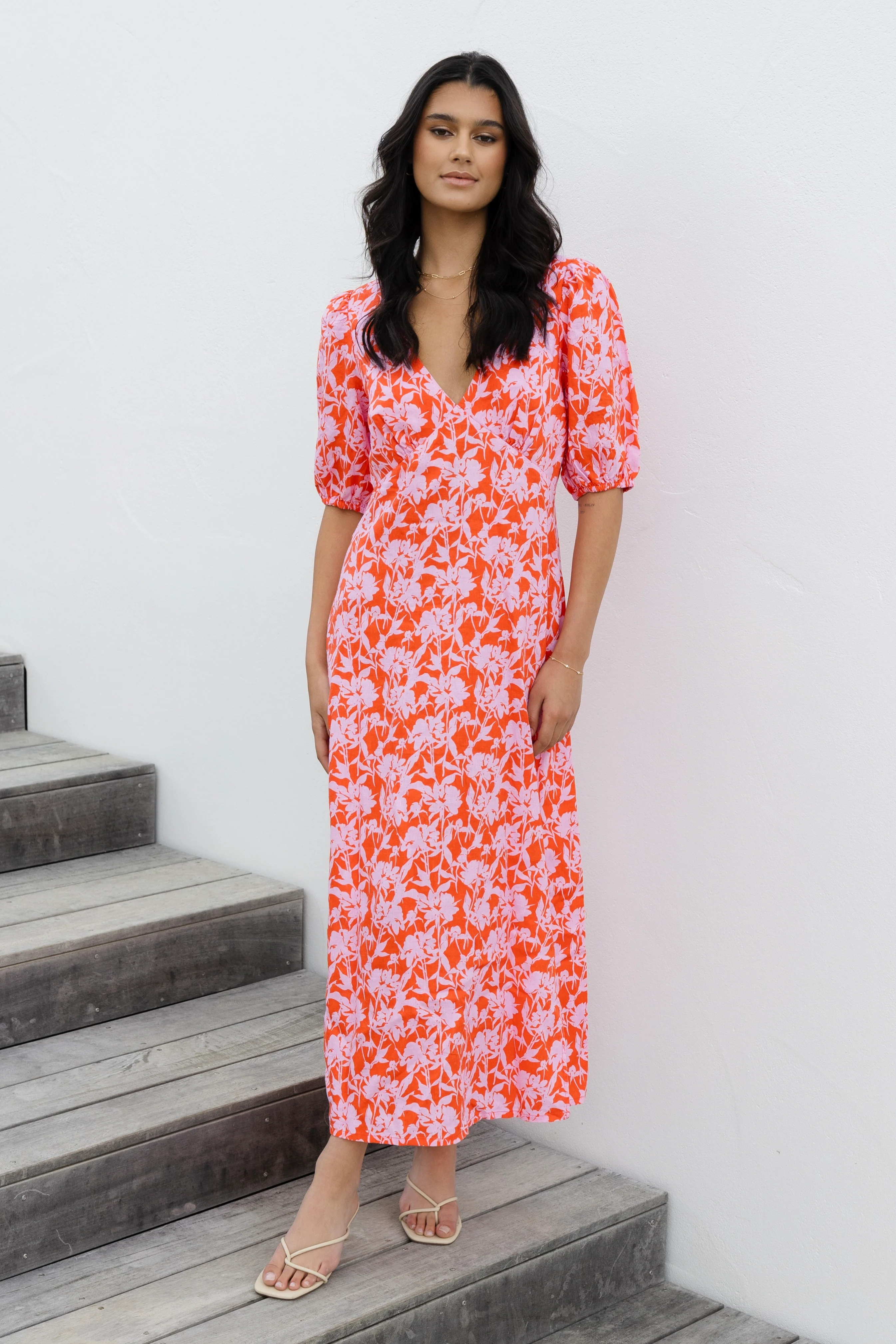Amora Pink Floral Shadows SS Bias Midi Dress - Image 4
