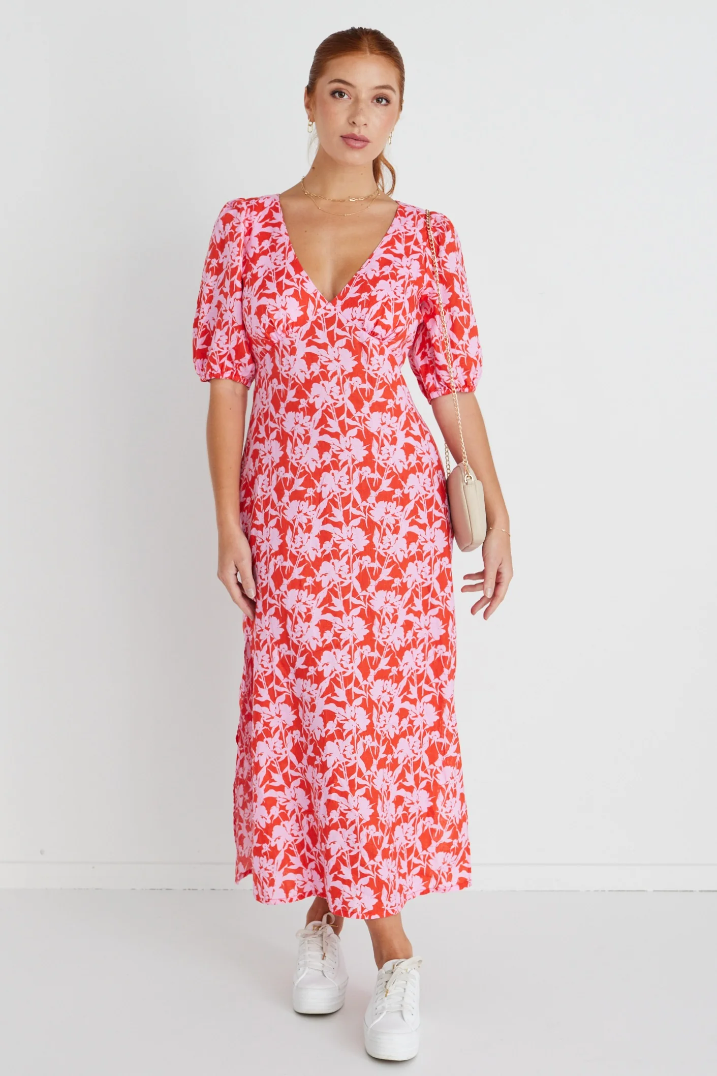 Amora Pink Floral Shadows SS Bias Midi Dress - Image 6