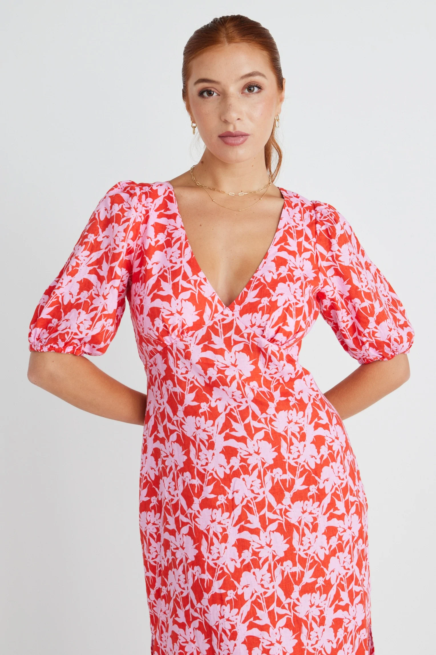 Amora Pink Floral Shadows SS Bias Midi Dress - Image 7