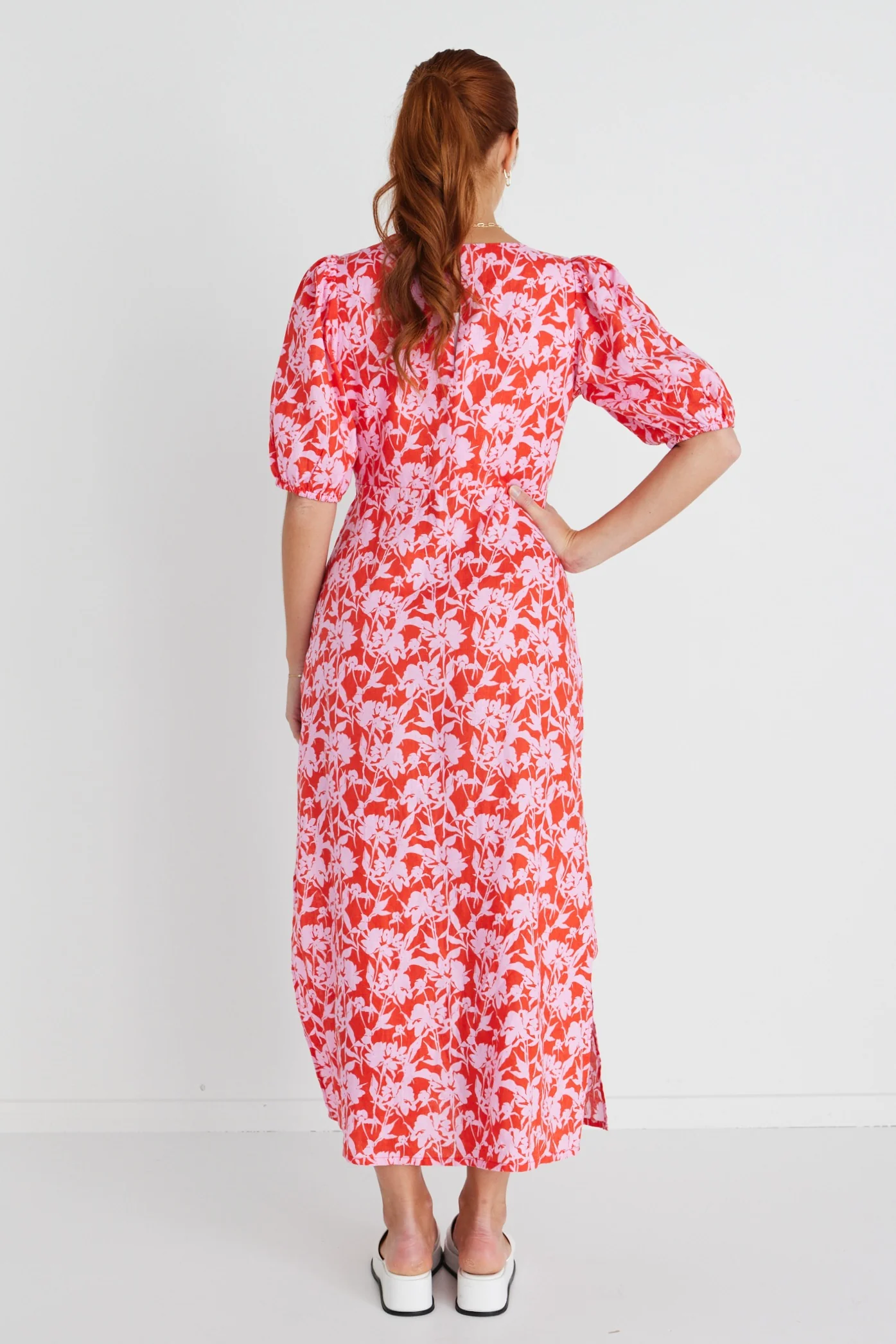 Amora Pink Floral Shadows SS Bias Midi Dress - Image 8
