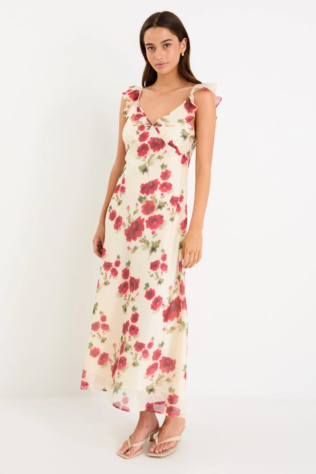 Amusing Cream Red Rose Bias Slip Maxi Dress - Image 2