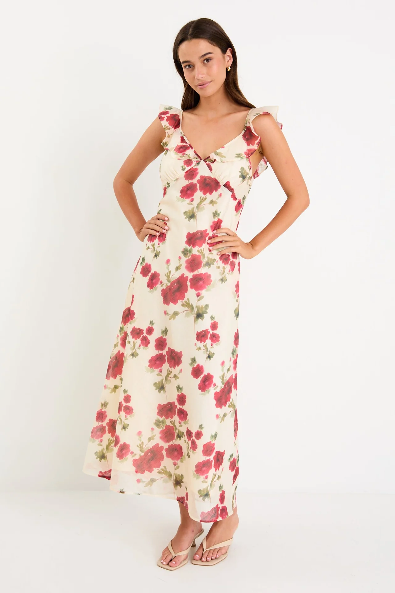 Amusing Cream Red Rose Bias Slip Maxi Dress - Image 4
