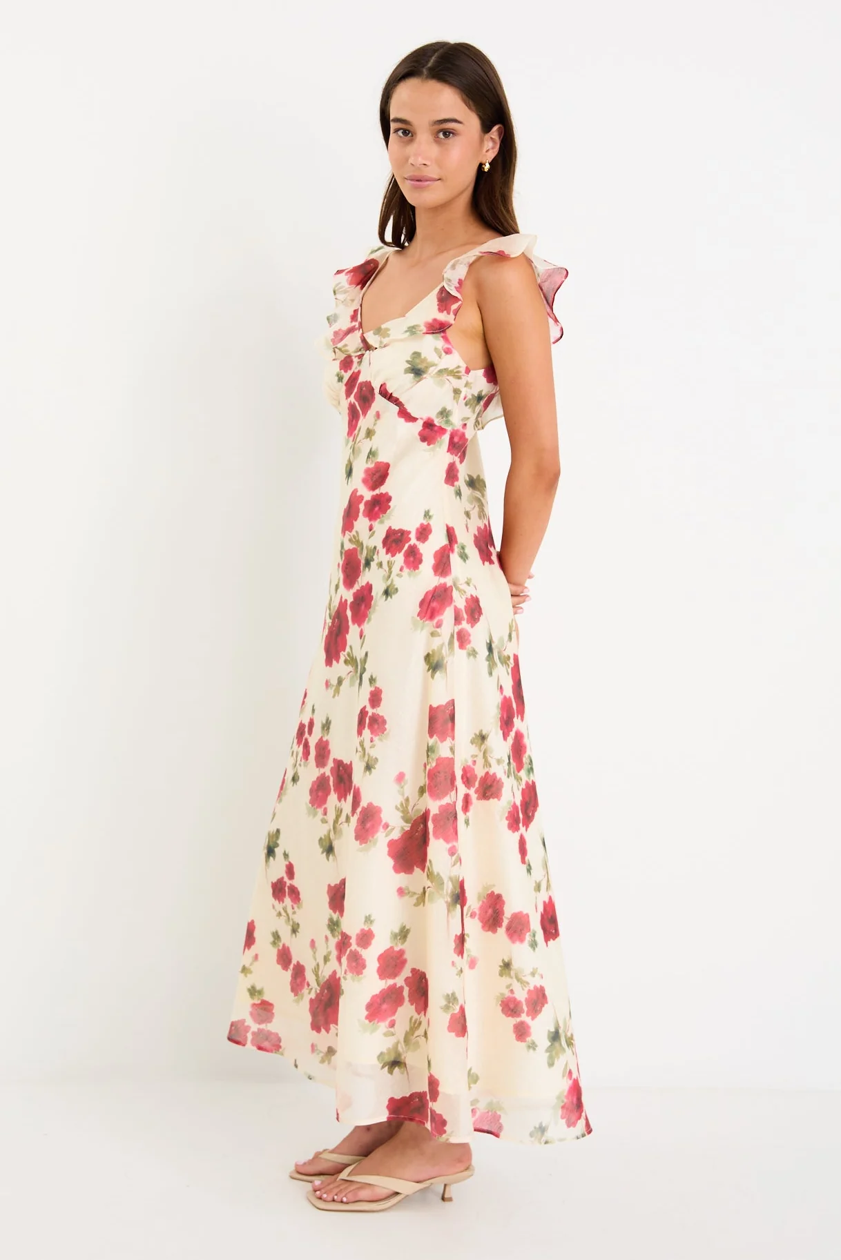 Amusing Cream Red Rose Bias Slip Maxi Dress - Image 7