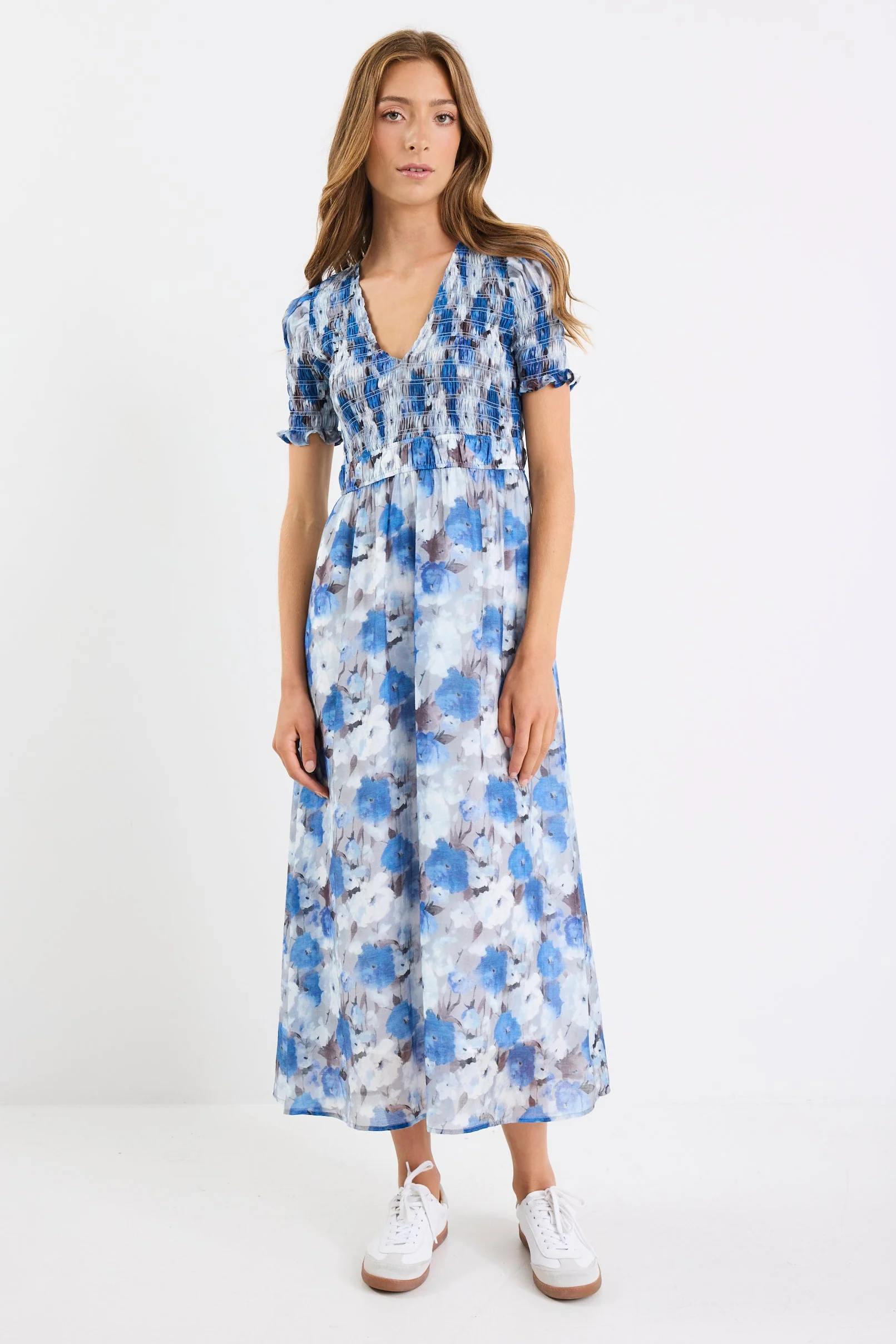Aperture Sky Blue Floral Short Sleeve Shirred Bodice Midi Dress