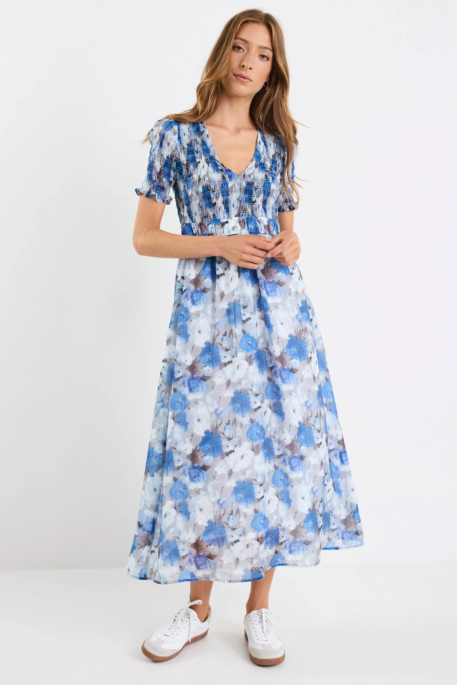 Aperture Sky Blue Floral Short Sleeve Shirred Bodice Midi Dress - Image 2