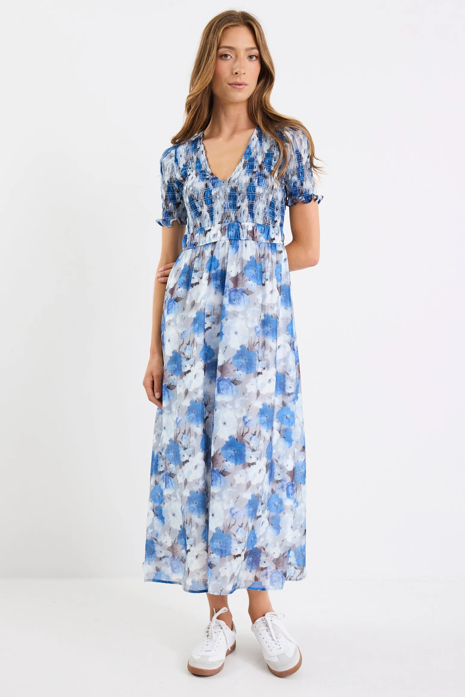 Aperture Sky Blue Floral Short Sleeve Shirred Bodice Midi Dress - Image 5