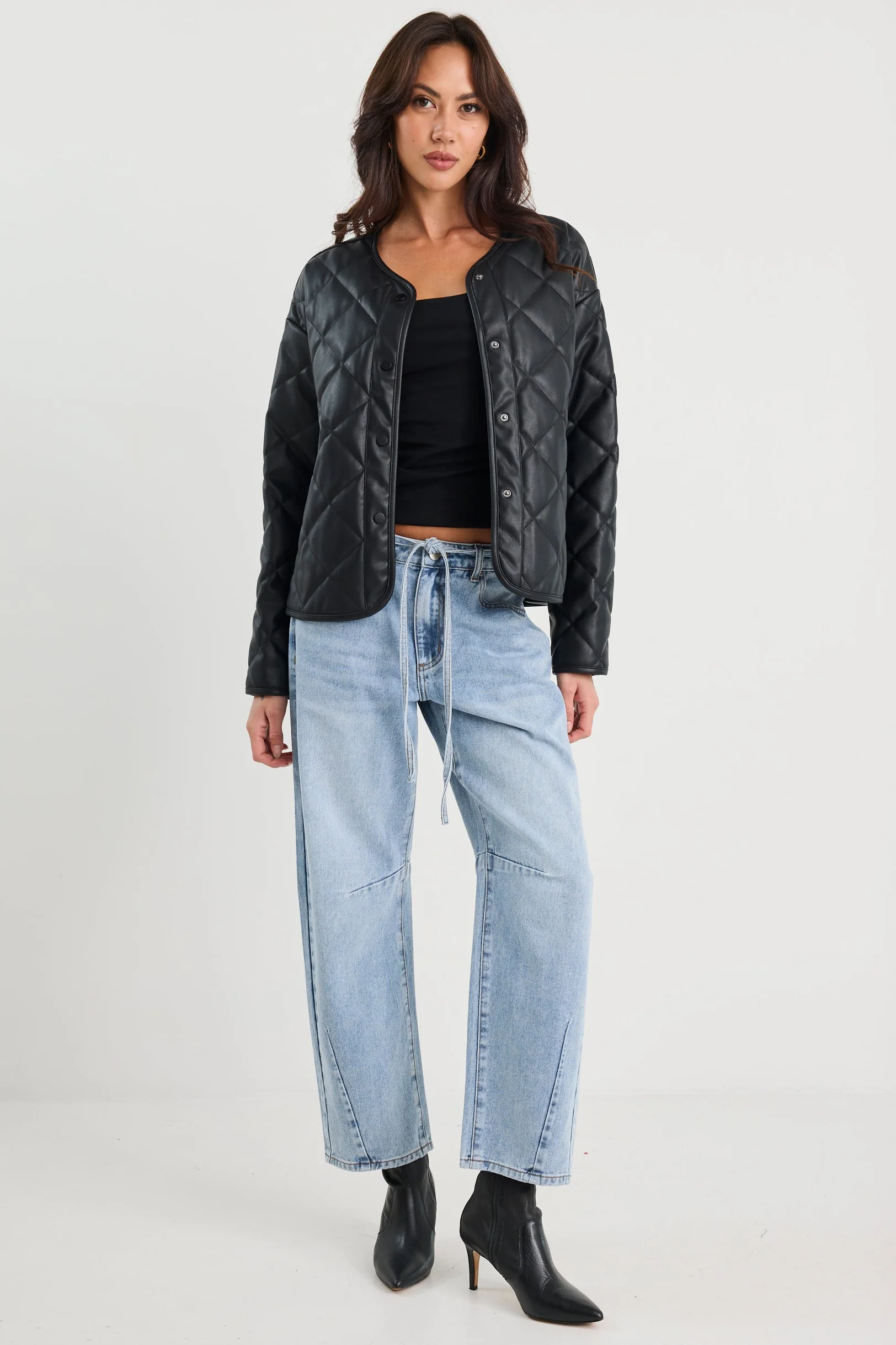 Apex Black PU Leather Collarless Quilted Puffer Jacket - Image 3